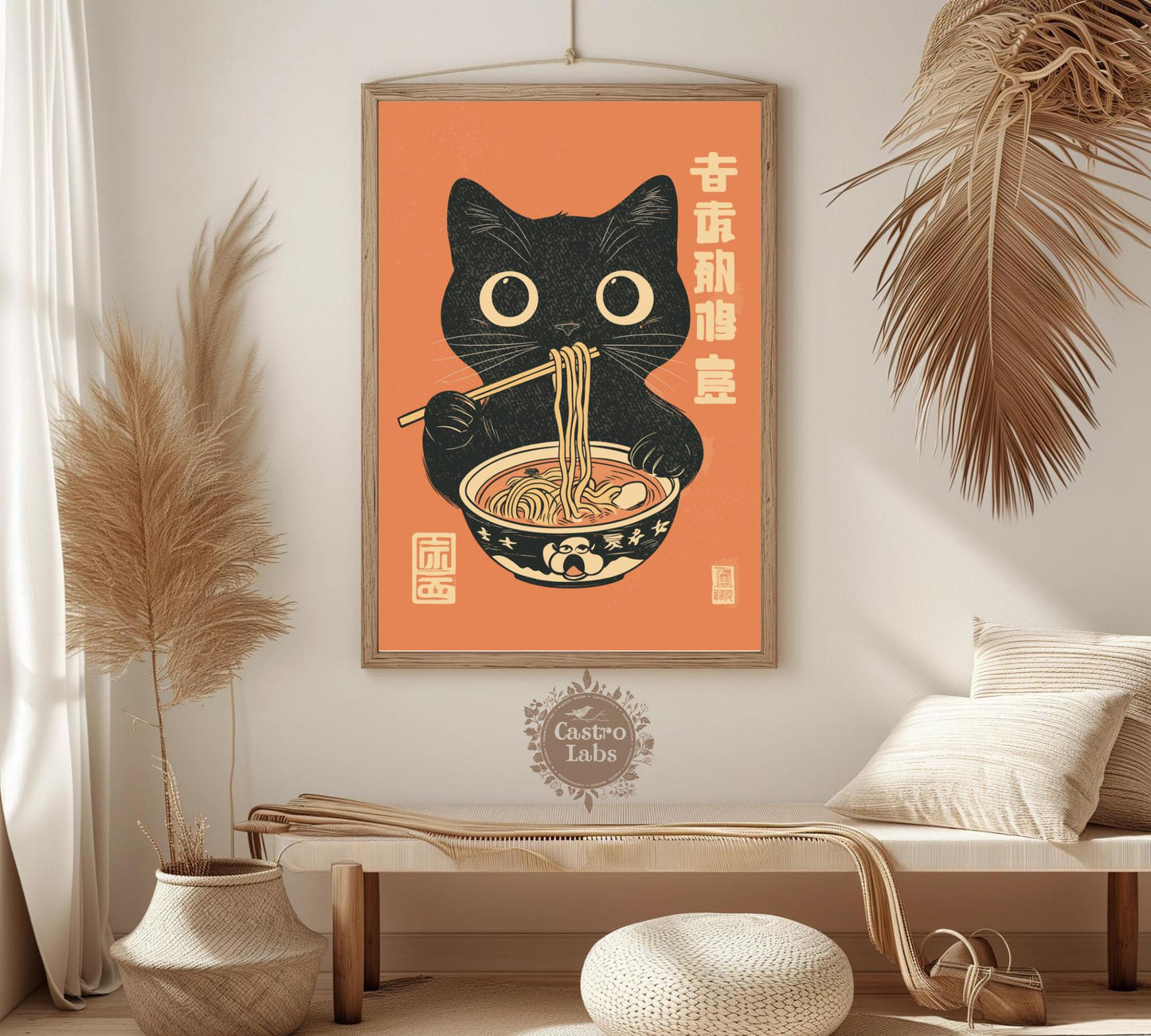 Cute black cat enjoying a bowl of ramen, funny and artistic poster for kitchens, cafes, or eclectic wall displays.