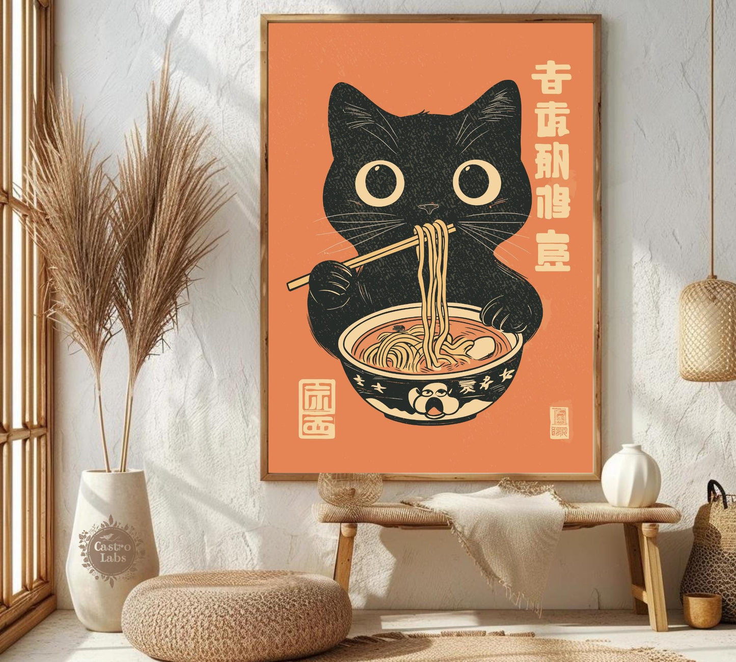 Artistic poster of a noodle-loving cat in vintage Japanese design, perfect for fun foodie or feline-themed decor.