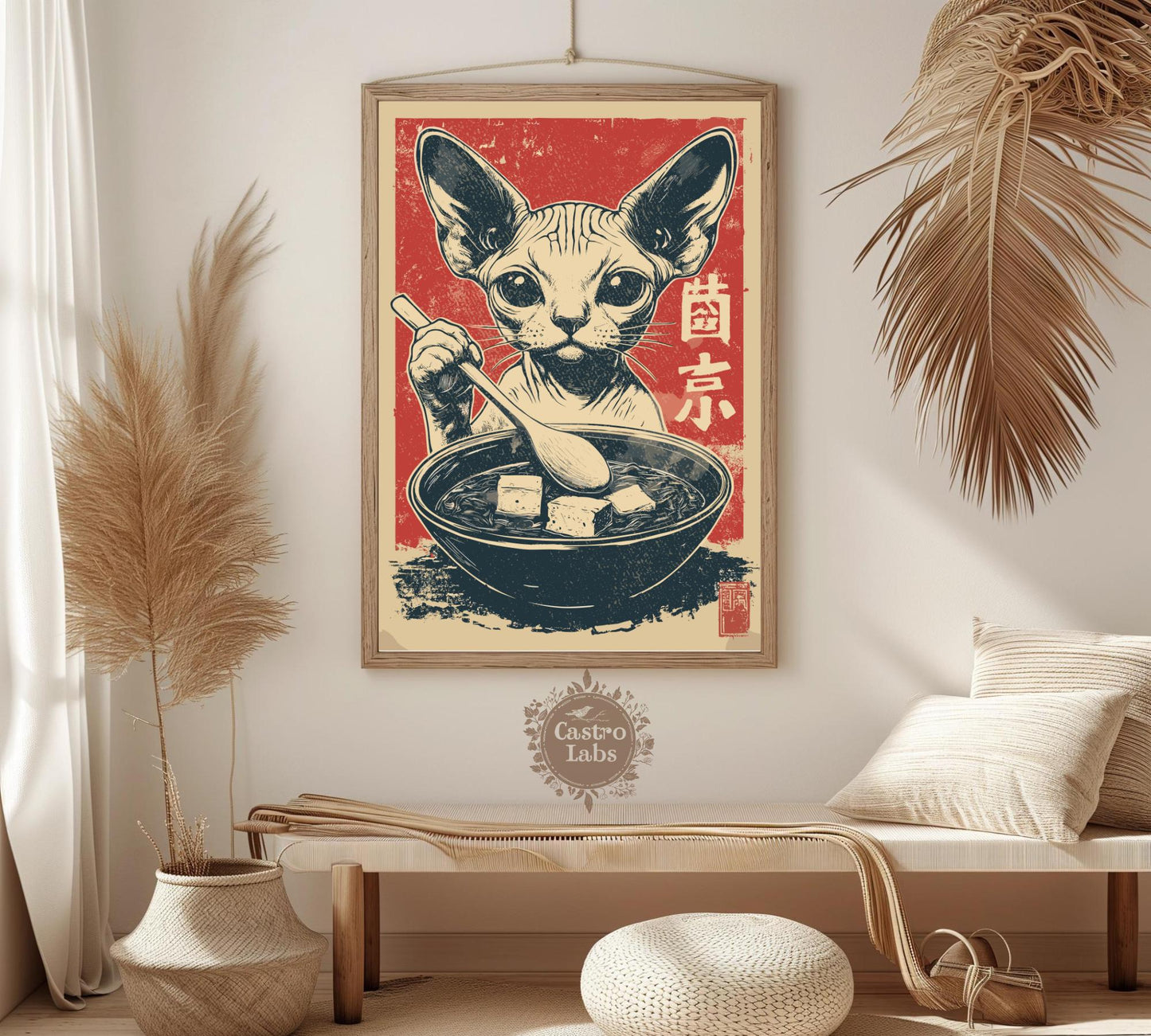 Illustration of a sphynx cat enjoying a noodle bowl, ideal for cat fans and ramen enthusiasts.
