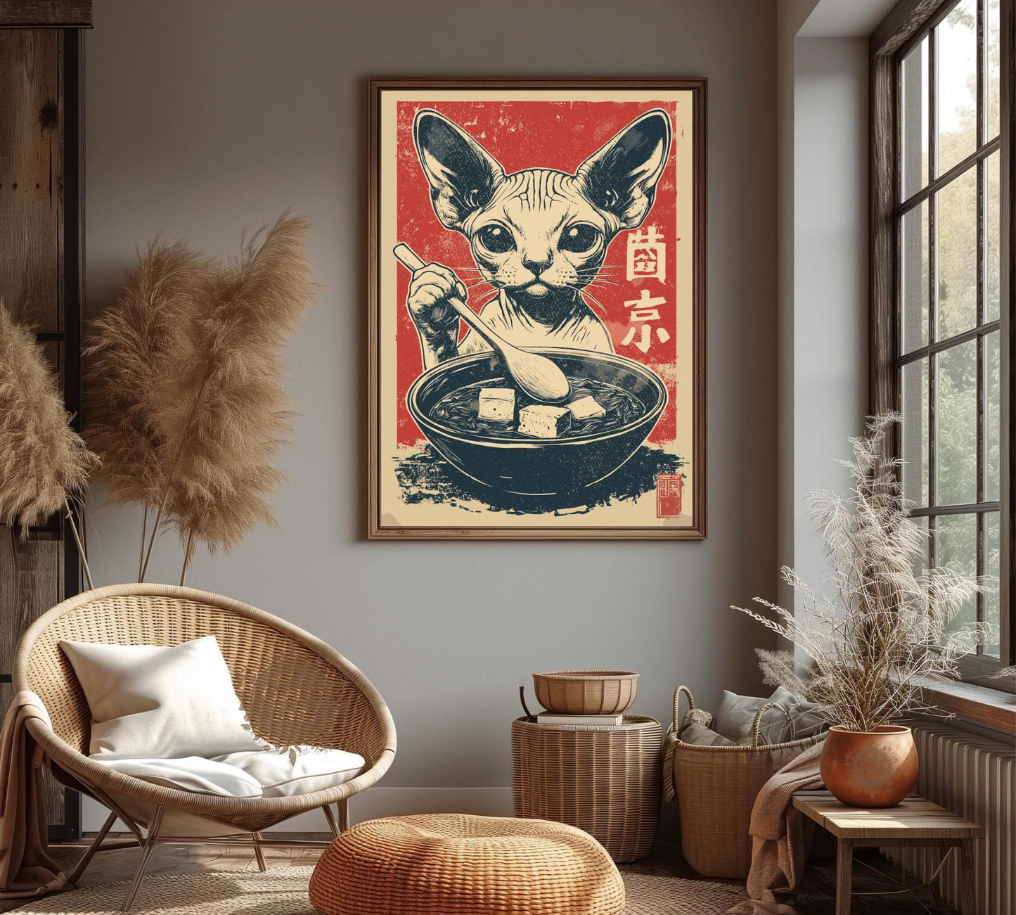Comical sphynx cat eating noodles poster, bold and artistic home decor for foodies.