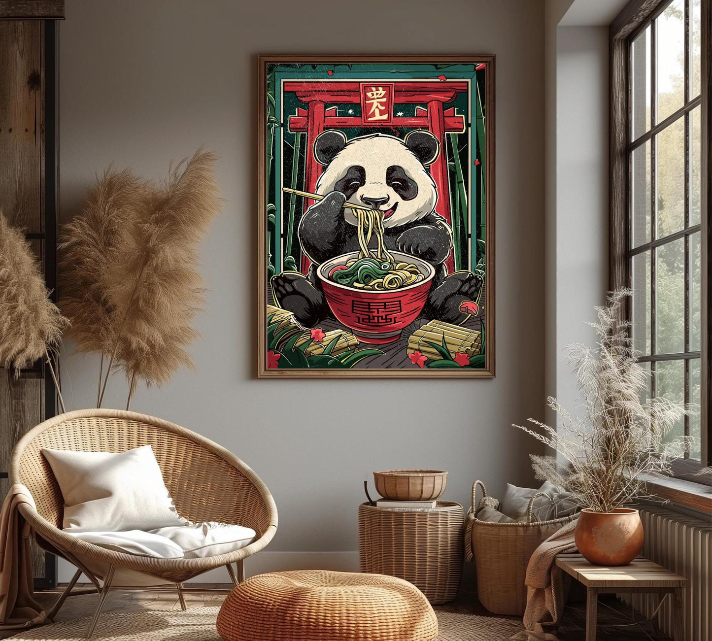Japanese art-style ramen-eating panda, bold and humorous animal kitchen print.
