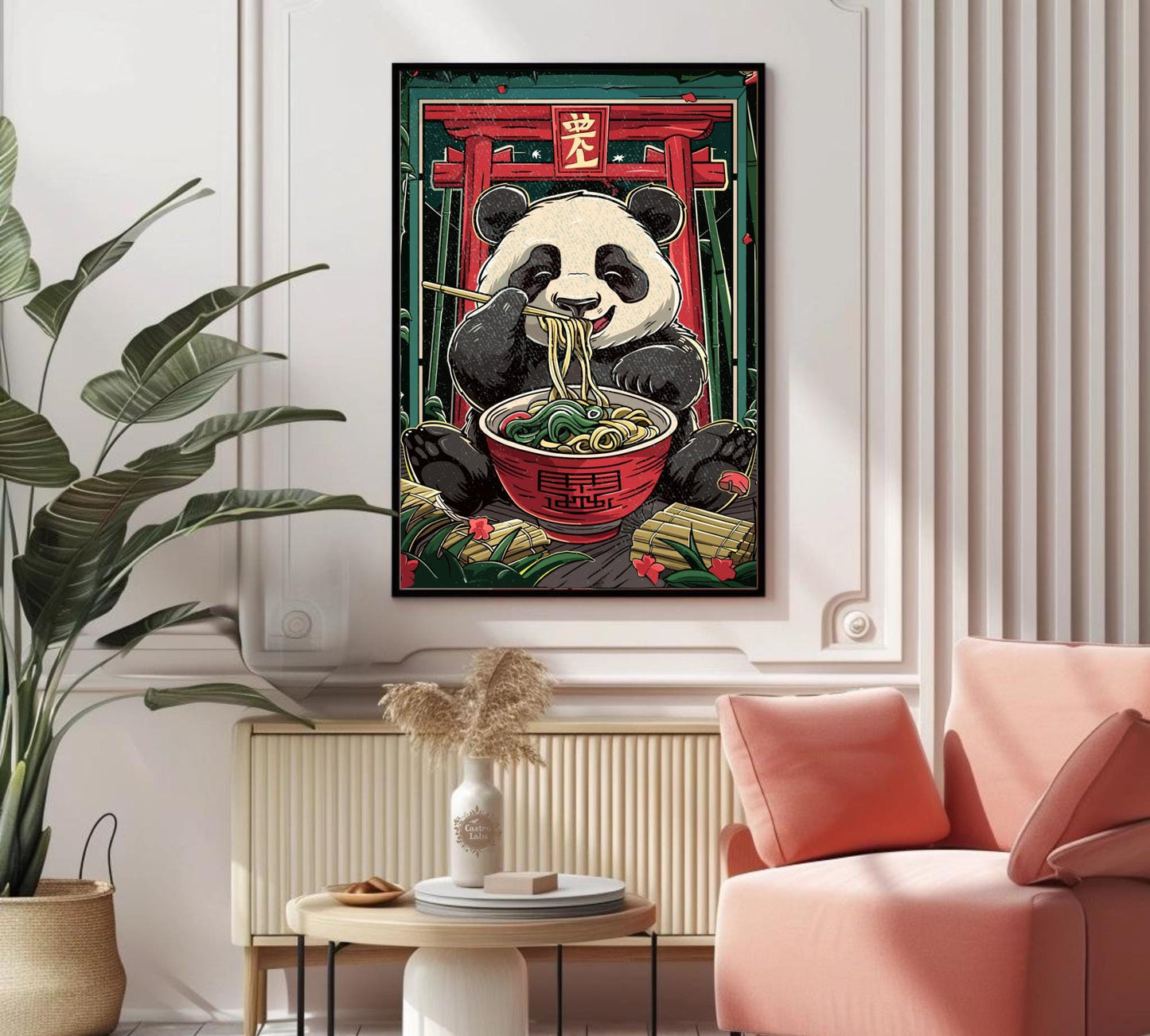 Chubby panda eating ramen poster, unique gift idea for panda lovers.