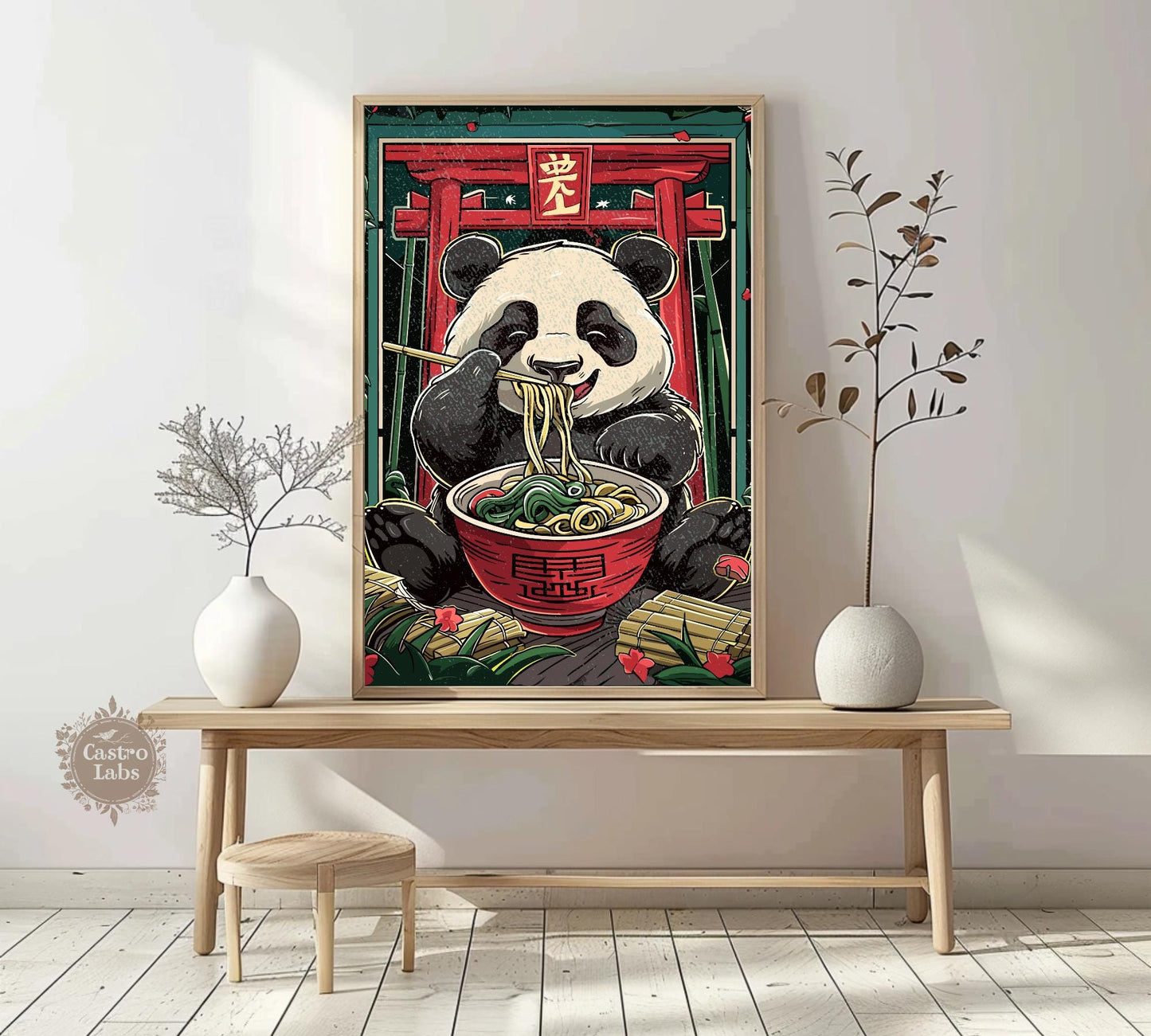 Playful ramen print featuring a panda, ideal for cozy, eclectic kitchen or dining space.