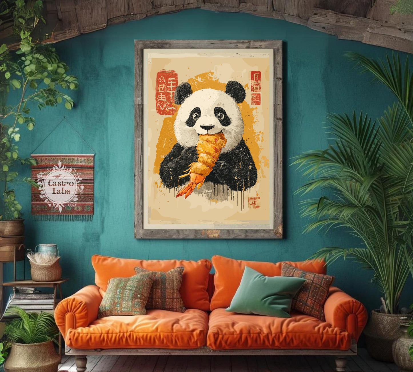 Cute cartoon panda eating tempura, Japanese-inspired kitchen print for animal lovers.