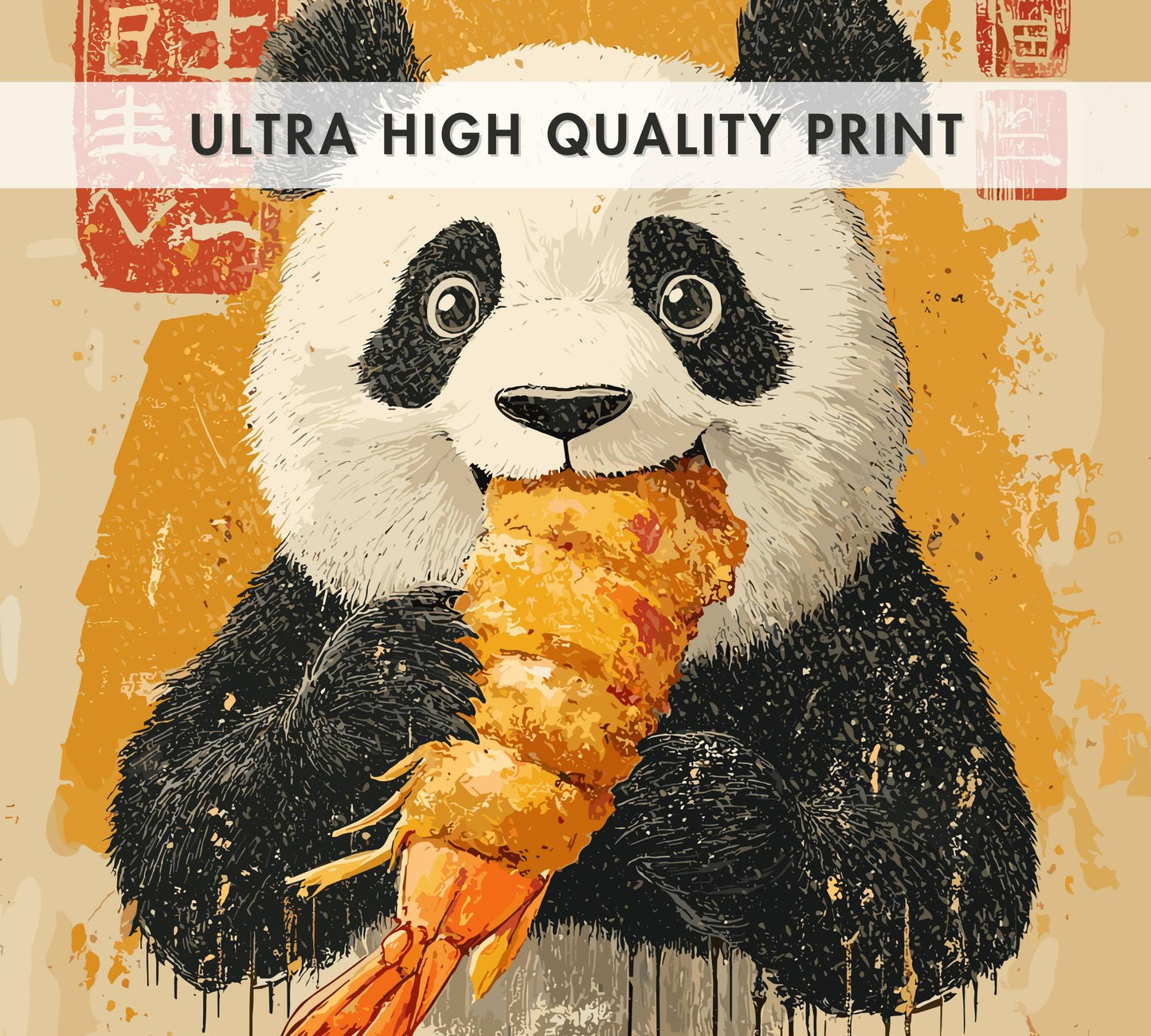 Vintage panda eating prawn tempura in Japanese-style art, funny animal kitchen poster.