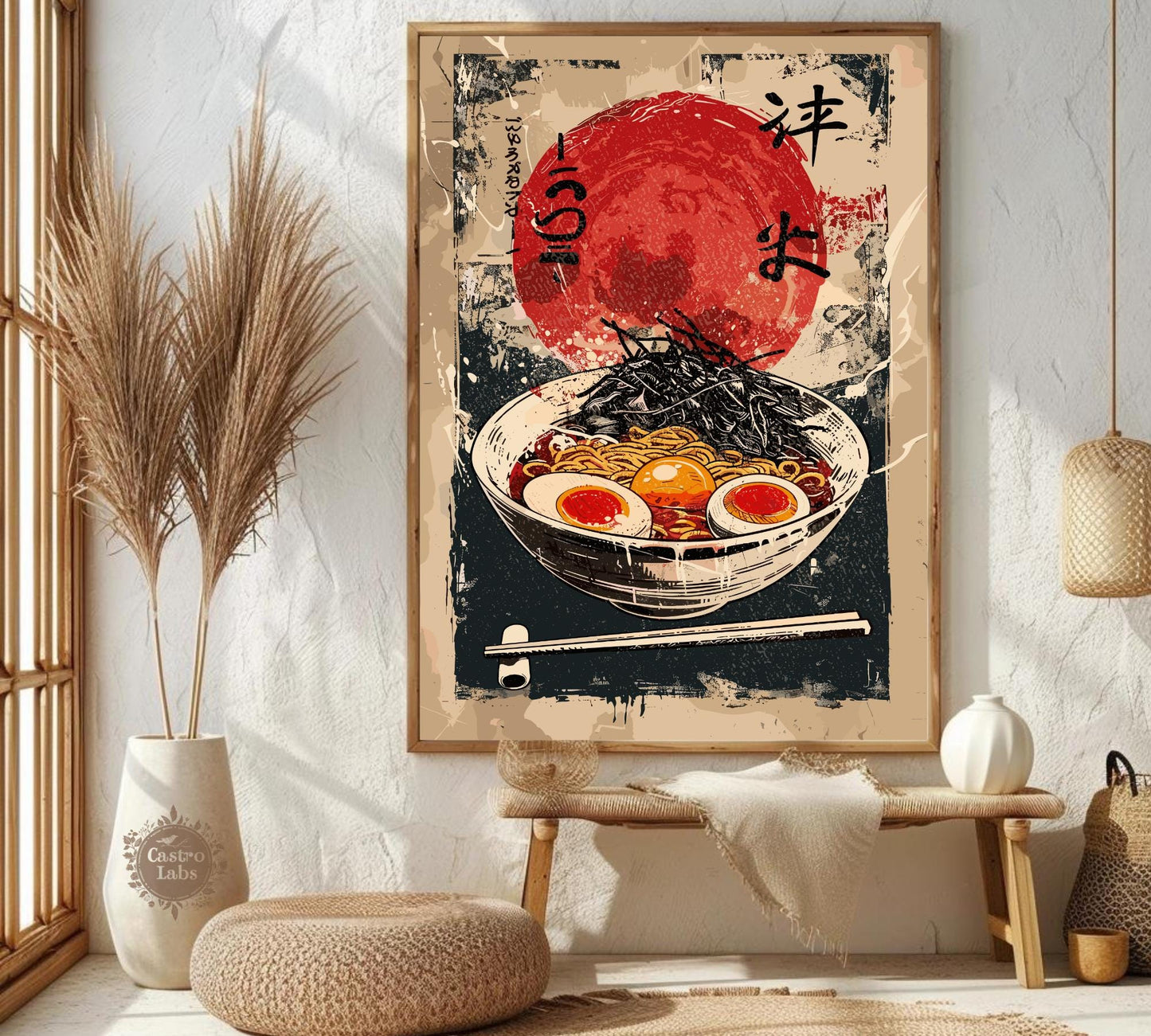 Food print of hot ramen with egg, garlic, and scallions in vintage Japanese style.