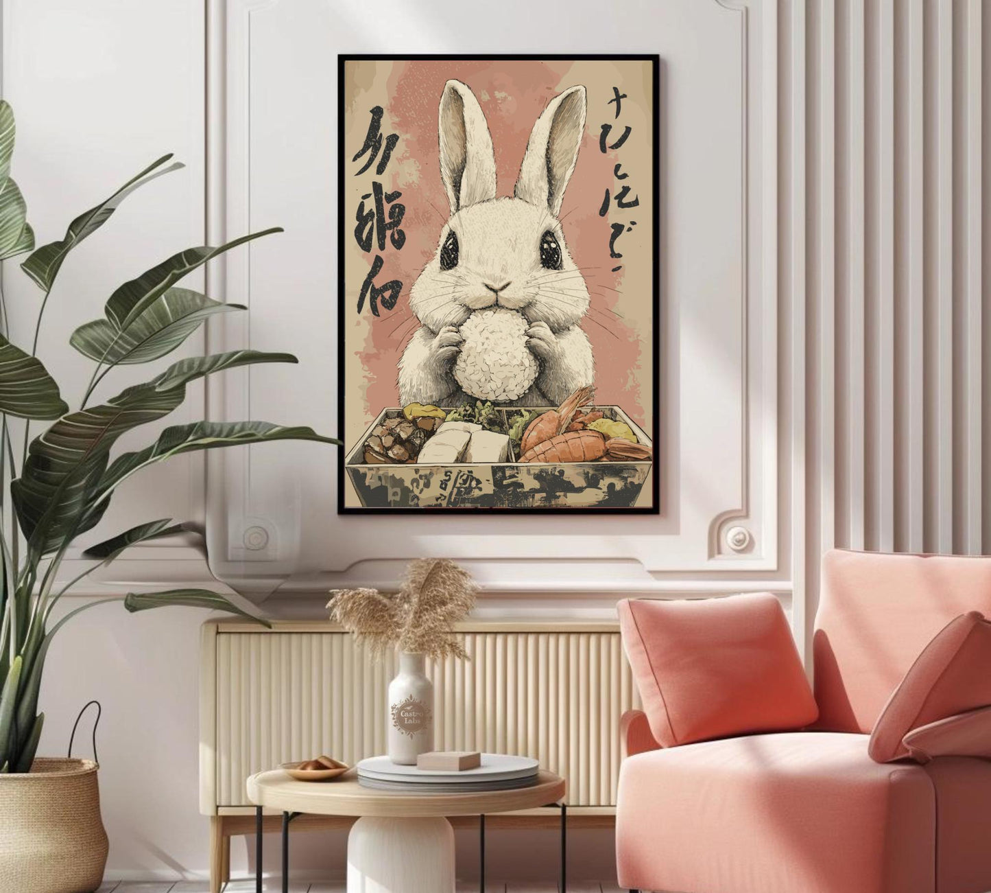 Funny bunny bento box poster, ideal for kitchen or dining room decor.