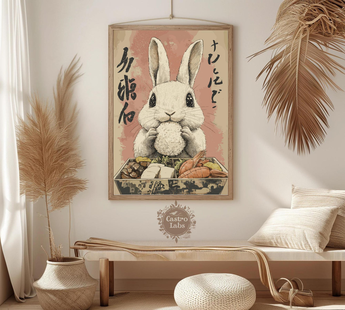 Cute bunny with chopsticks and bento box, unique Japanese-style wall print.