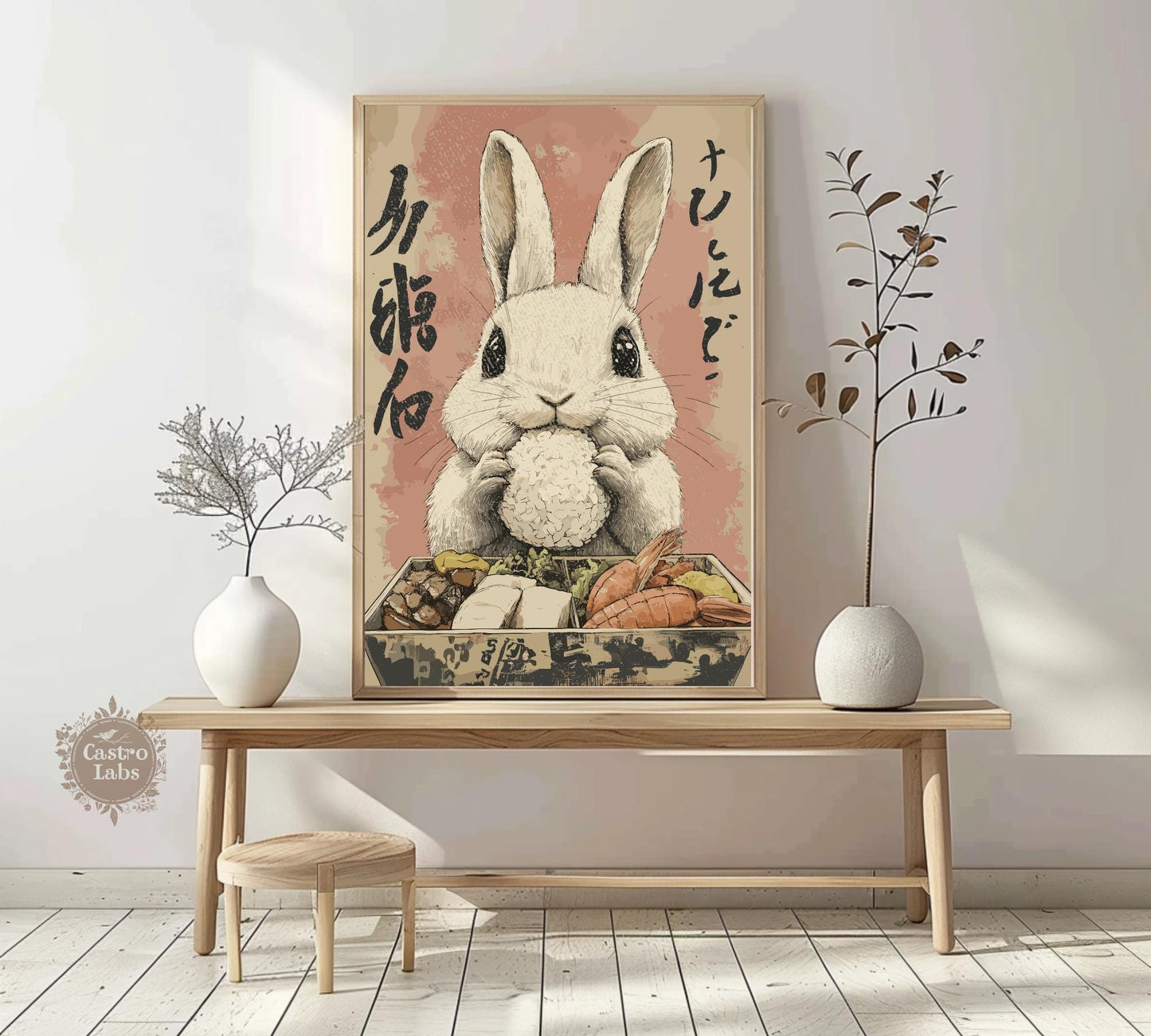 Whimsical bunny eating sushi and rice from a bento, funny gift for rabbit fans.