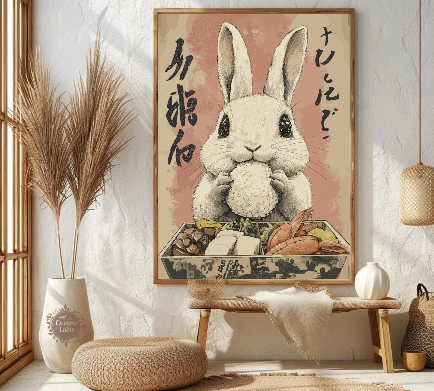 Japanese-inspired bunny with bento box, colorful food-themed poster.