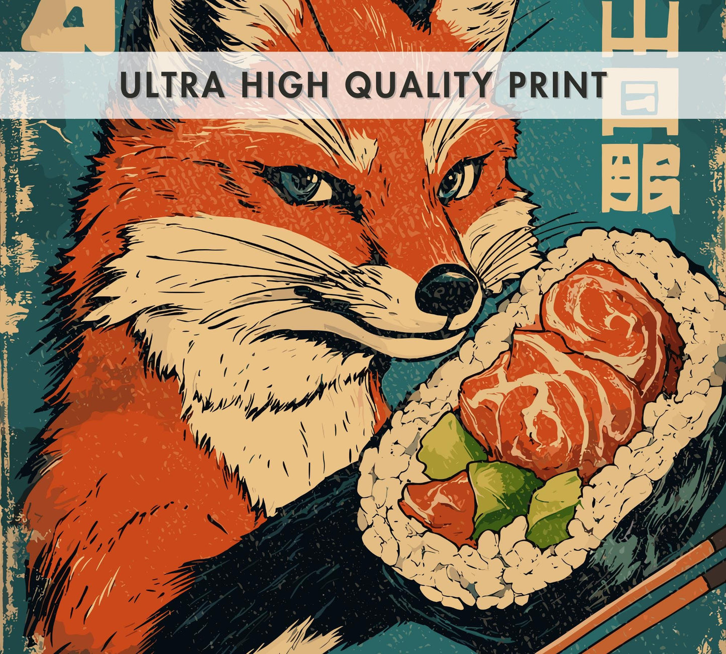 Red fox eating sushi in a Japanese-style art print, funny kitchen wall decor.