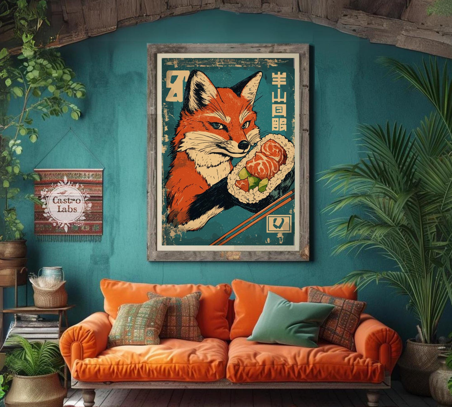Cute red fox with sushi rolls, retro Japanese food art for fox lovers.