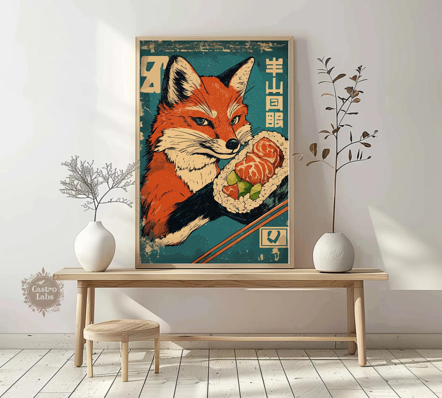 Funny fox eating sushi, Japanese kitchen decor print with bold colors.