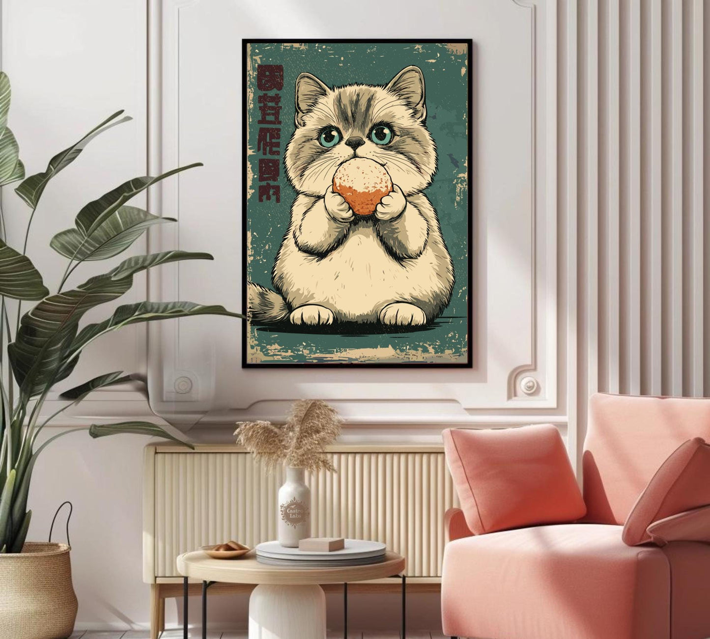 Ragdoll cat with Japanese dessert, funny and unique kitchen wall art.