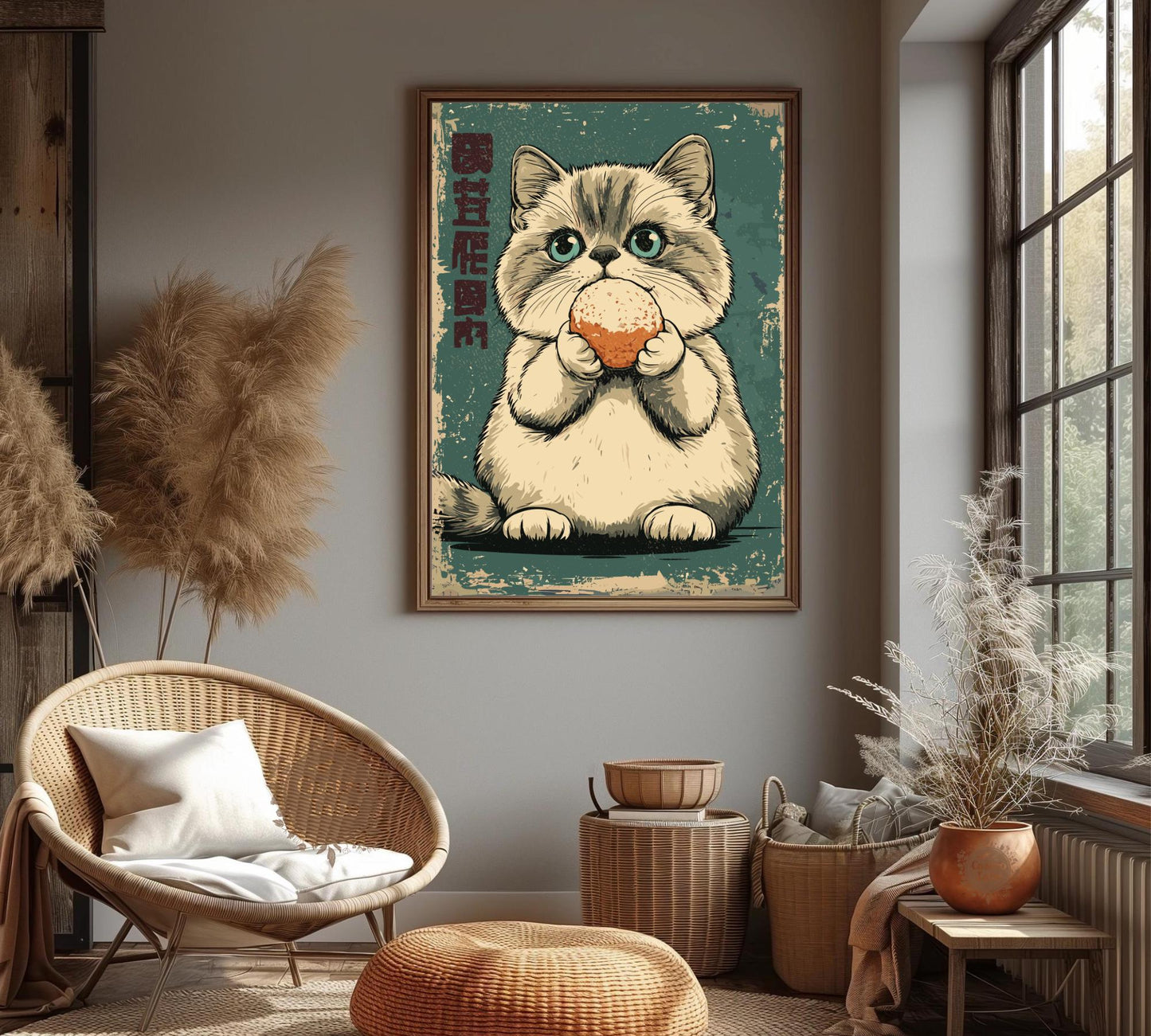Vintage food-themed art print with cat eating traditional mochi.