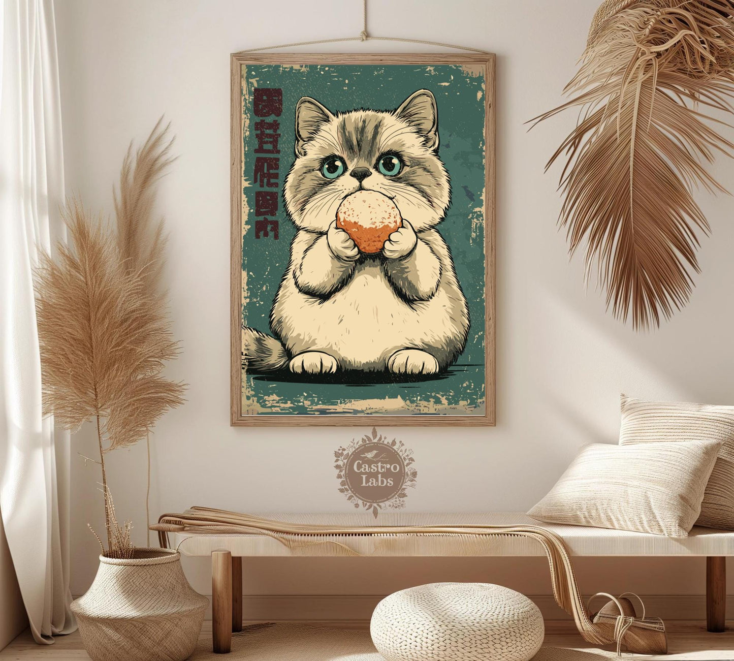 Cat eating dango-style mochi on skewer, adorable and quirky animal print.