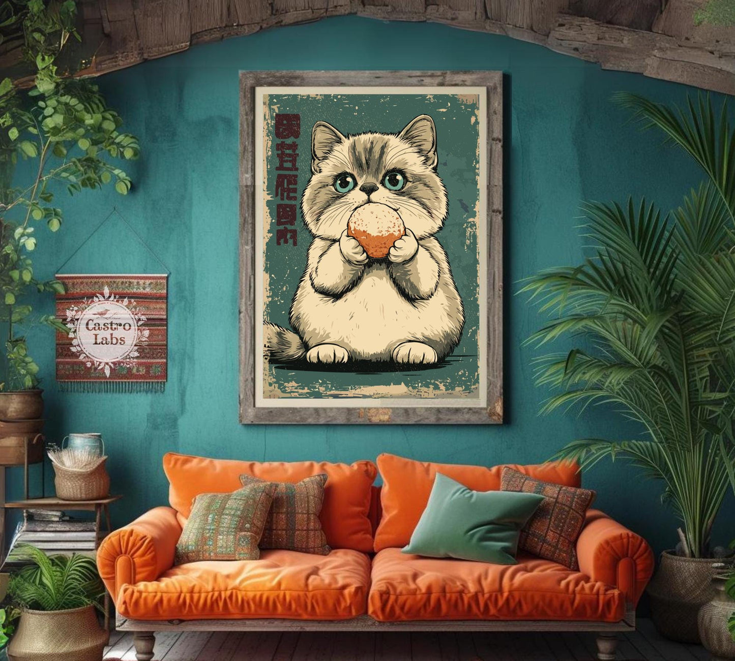 Soft vintage-style illustration of cat with sweet rice balls, whimsical food art.