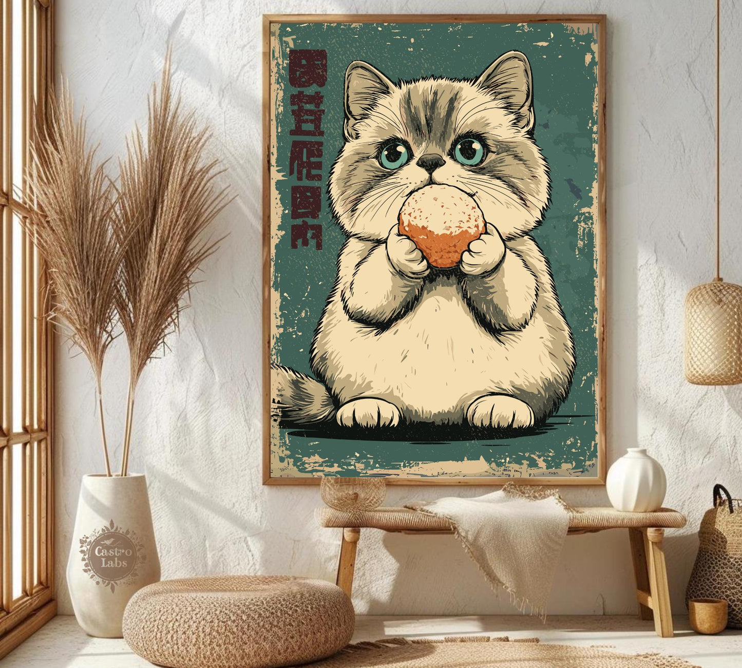 Japanese-inspired cat artwork with mochi, ideal gift for cat lovers.