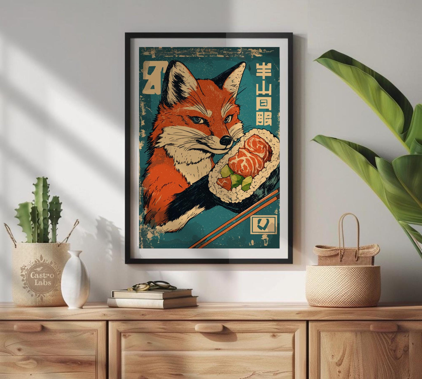 Art print of fox with sushi in traditional Japanese style, unique home accent.