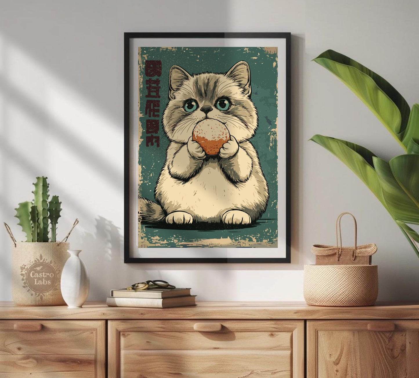 Fluffy cat enjoying Japanese sweets, playful kitchen or café wall print.