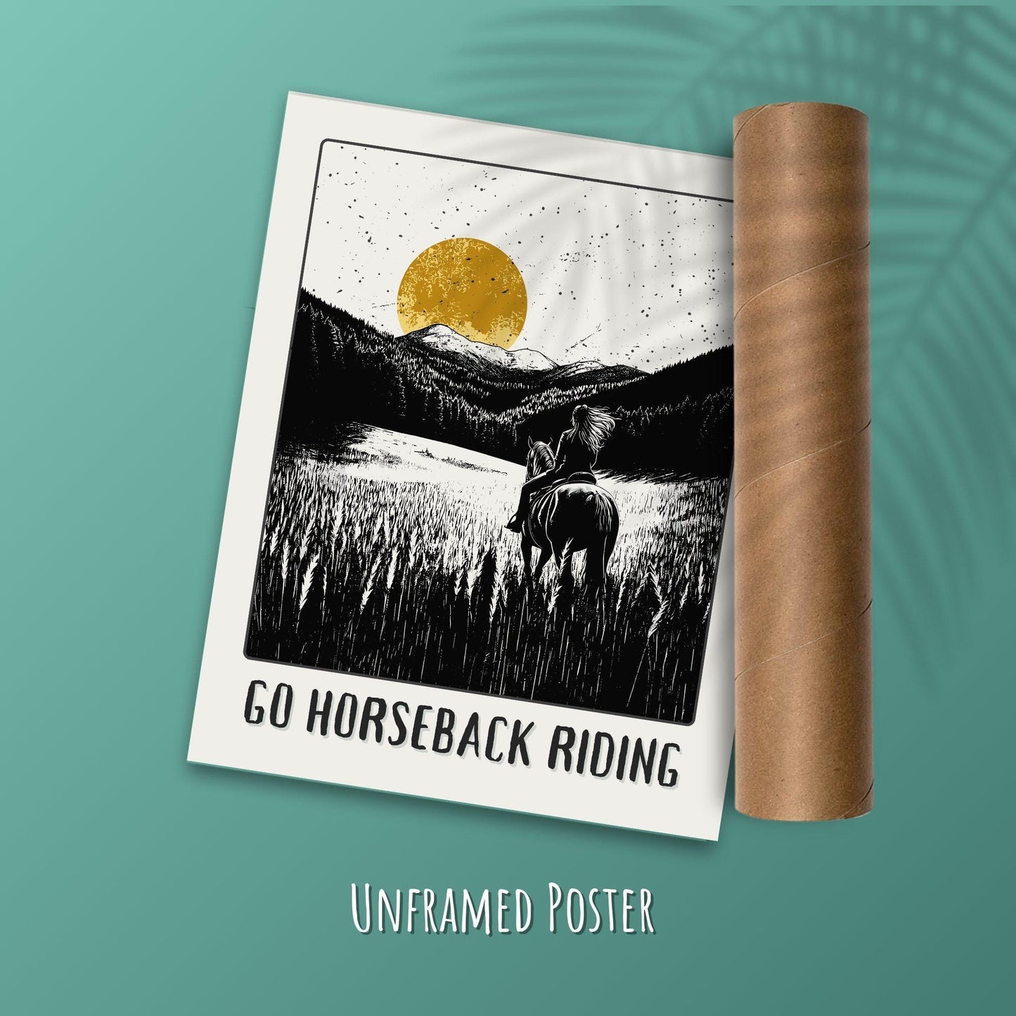 Go Horse Back Riding Poster - Green background with a postal tube