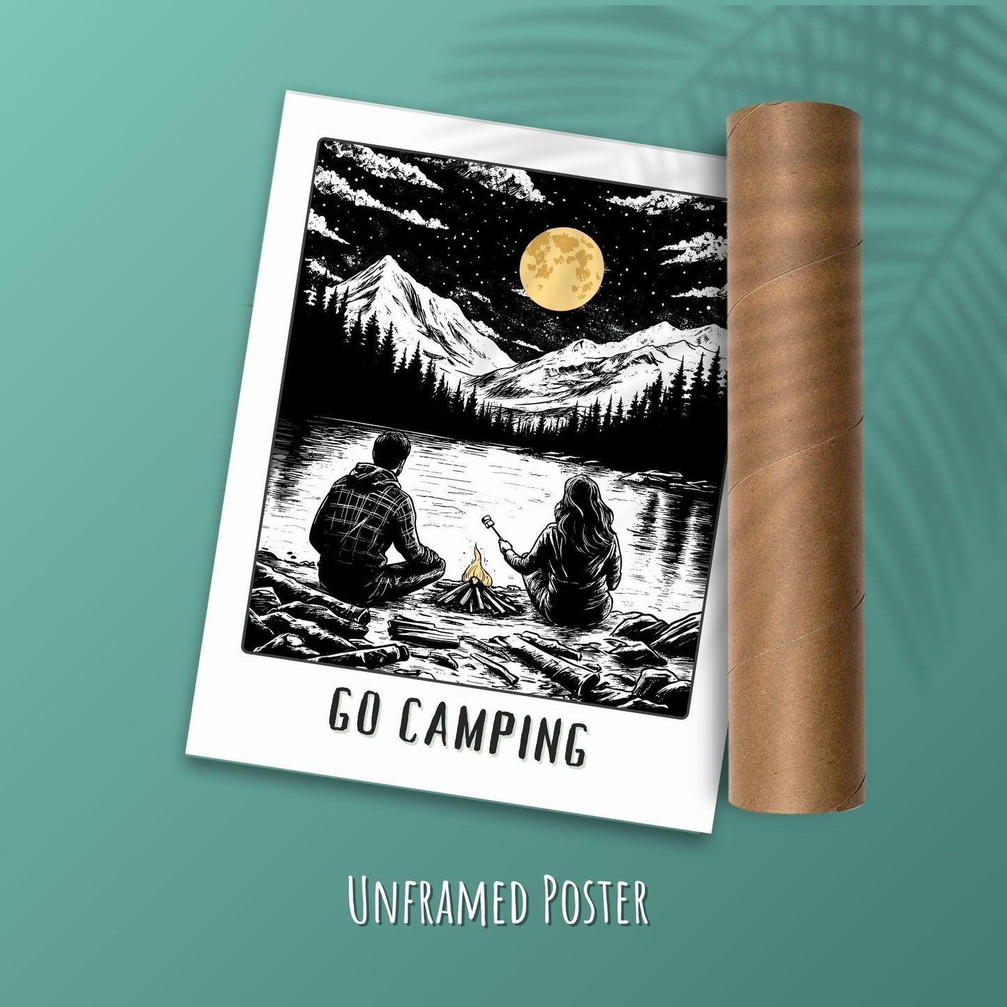Go Camping Poster - Green background with a postal tube