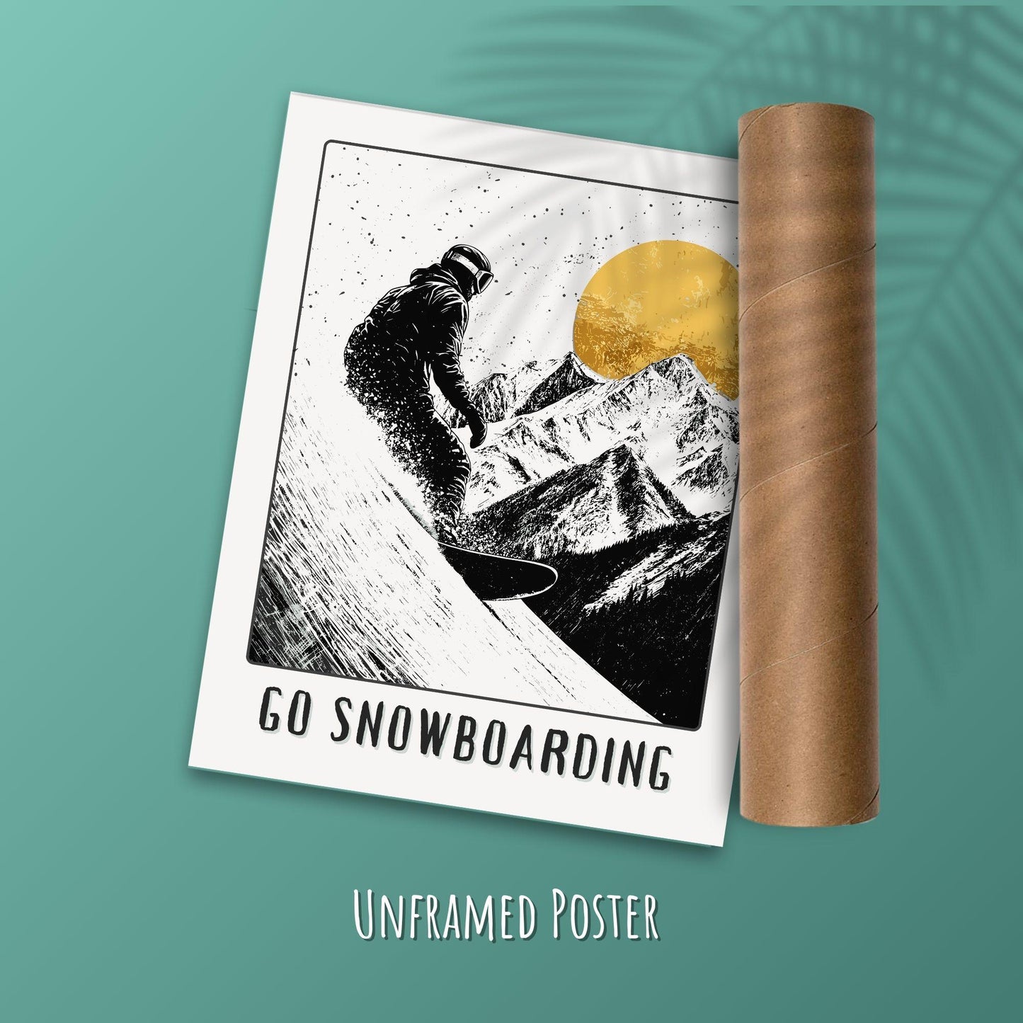 Go Snowboarding Poster on a green background with a postal tube