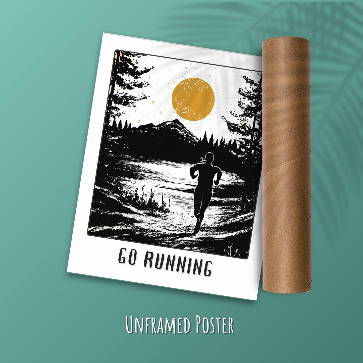 Go Running Poster, Jogging Print - Green wall background with a postal tube