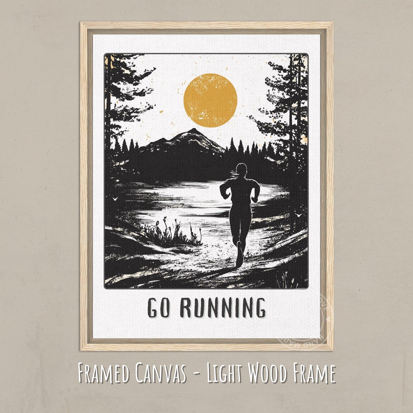 Go Running Poster, Jogging Print - Canvas mockup with a light wood frame