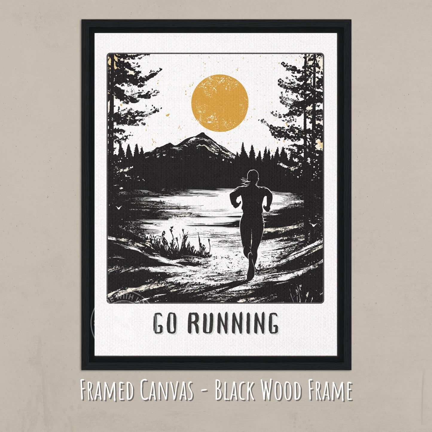 Go Running Poster, Jogging Print - Canvas mockup with a black wood frame