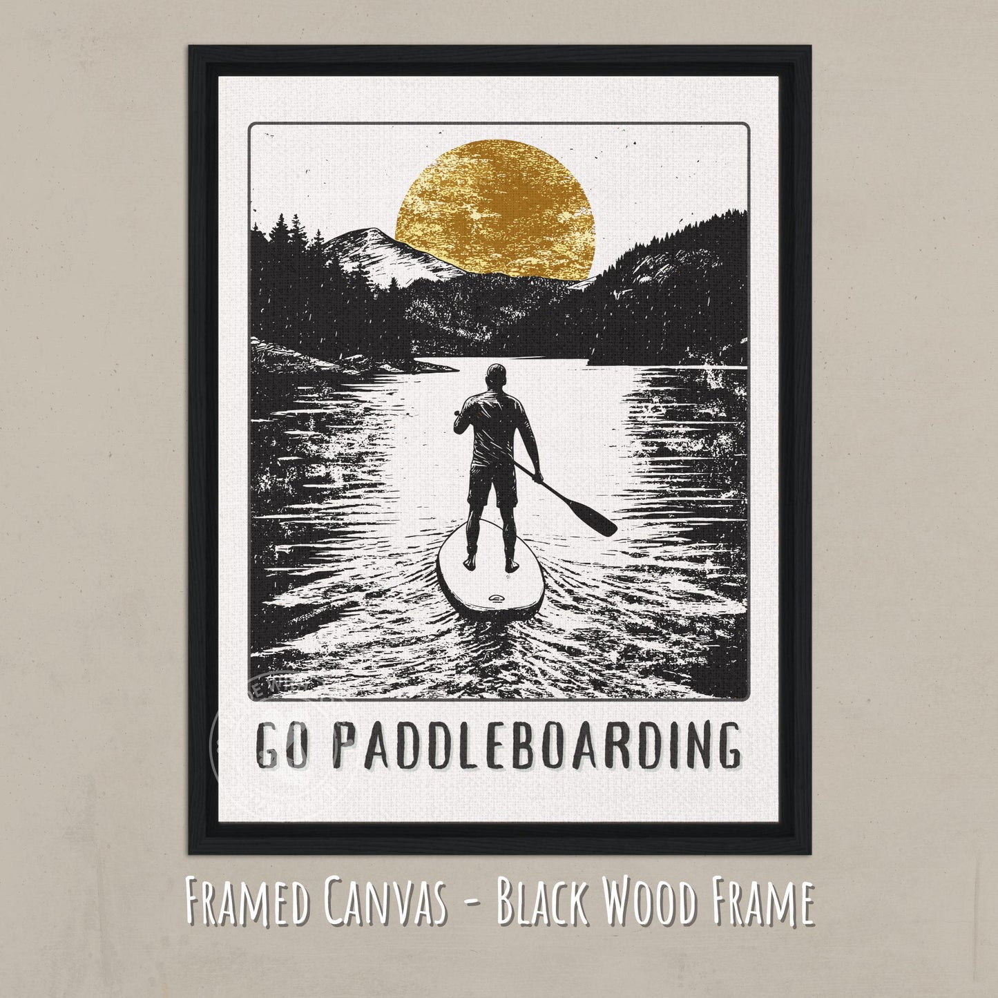 Go Paddleboarding Print - Canvas on a Black wooden frame