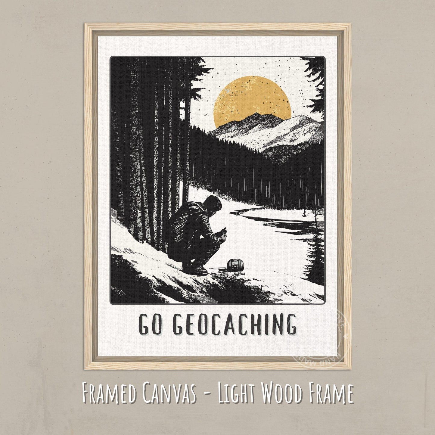 Geocaching Poster on a Light wood framed canvas