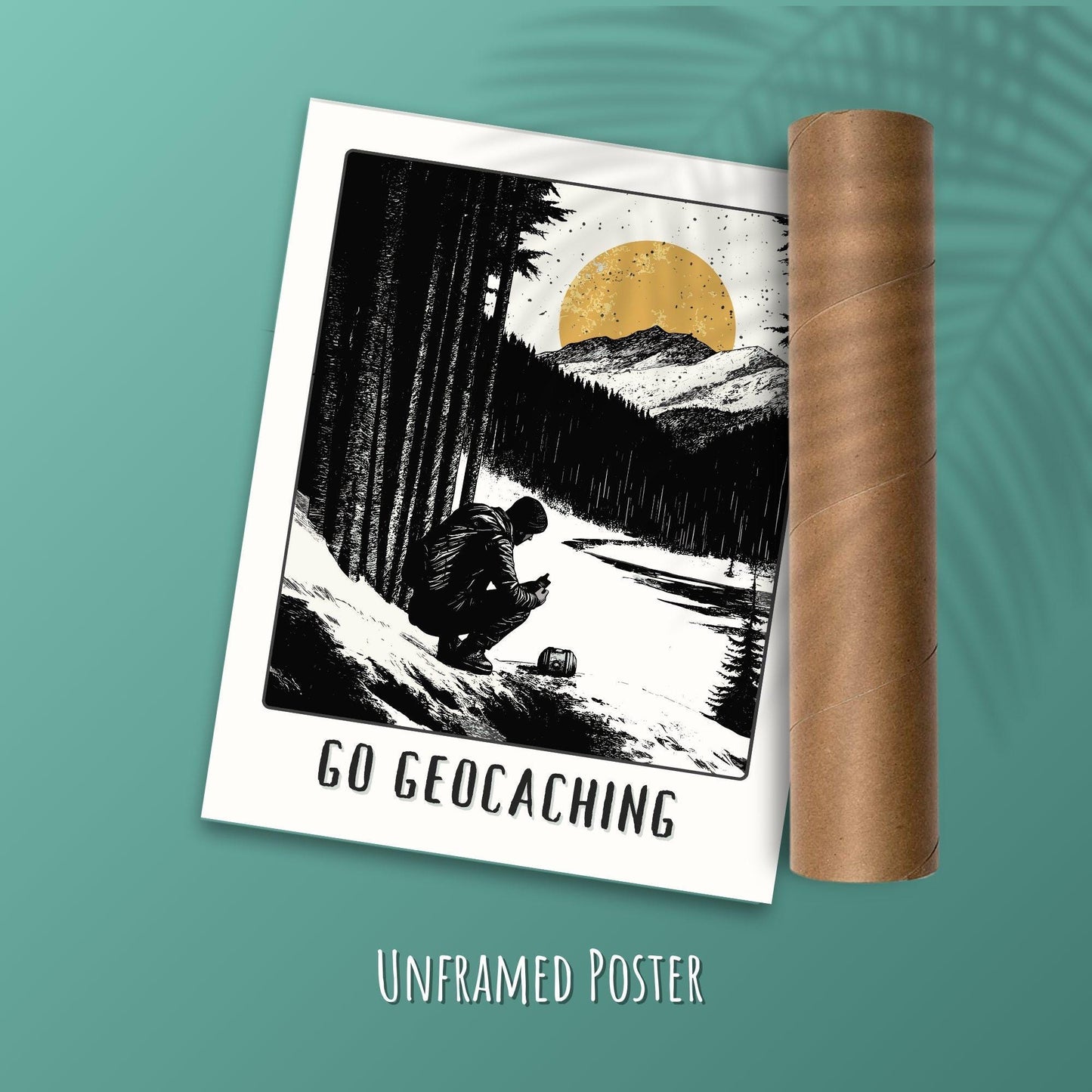 Geocaching Poster on a green background with a postal tube