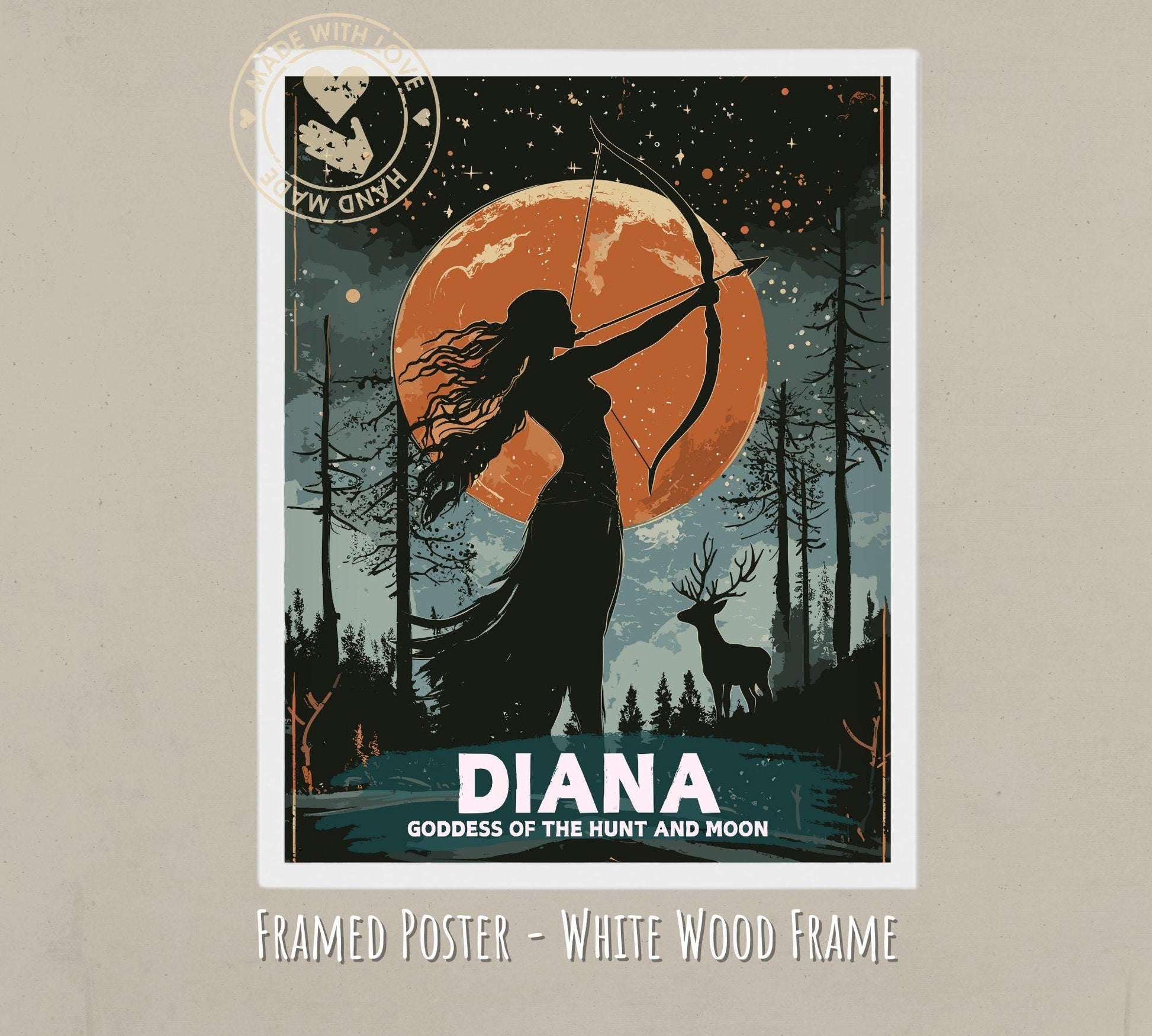 Diana Goddess Painting - Diana Roman Mythology Artwork - White wood framed poster