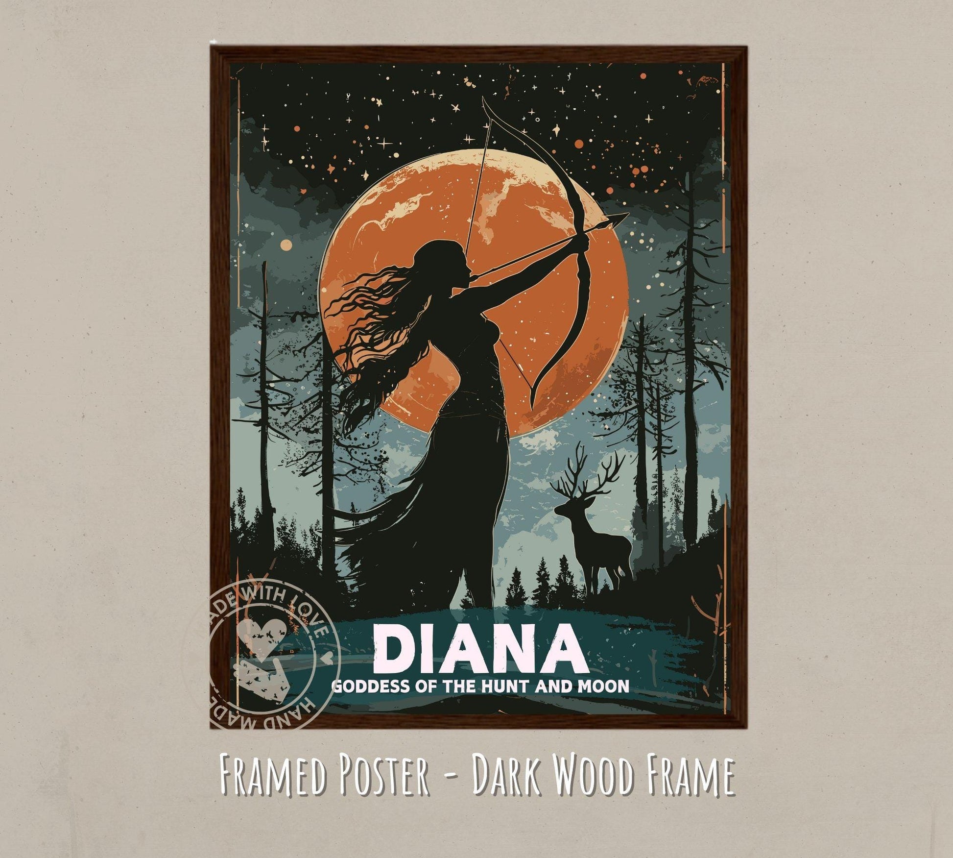 Diana Goddess Painting - Diana Roman Mythology Artwork - Dark wood framed poster