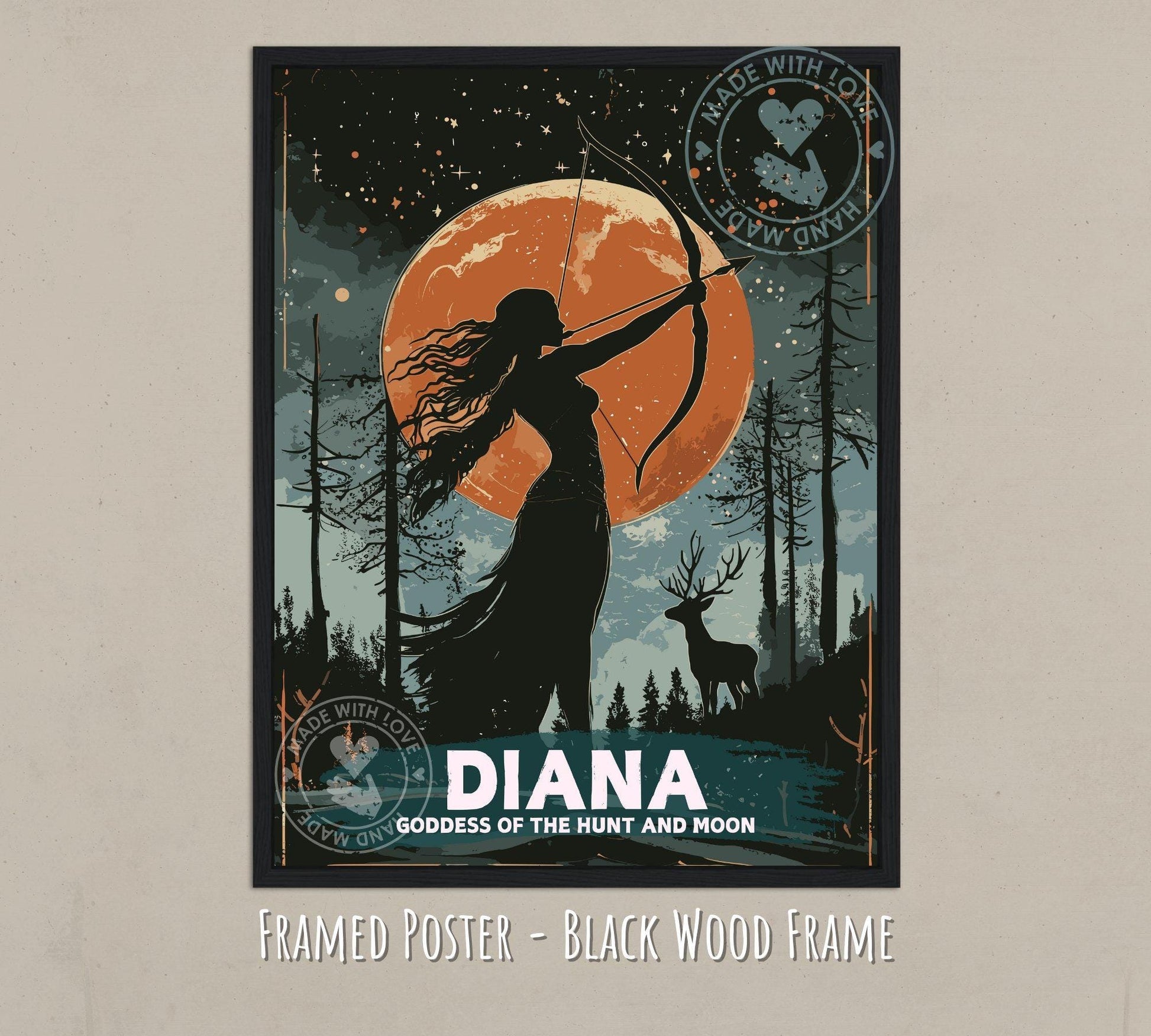 Diana Goddess Painting - Diana Roman Mythology Artwork - Black wood framed poster