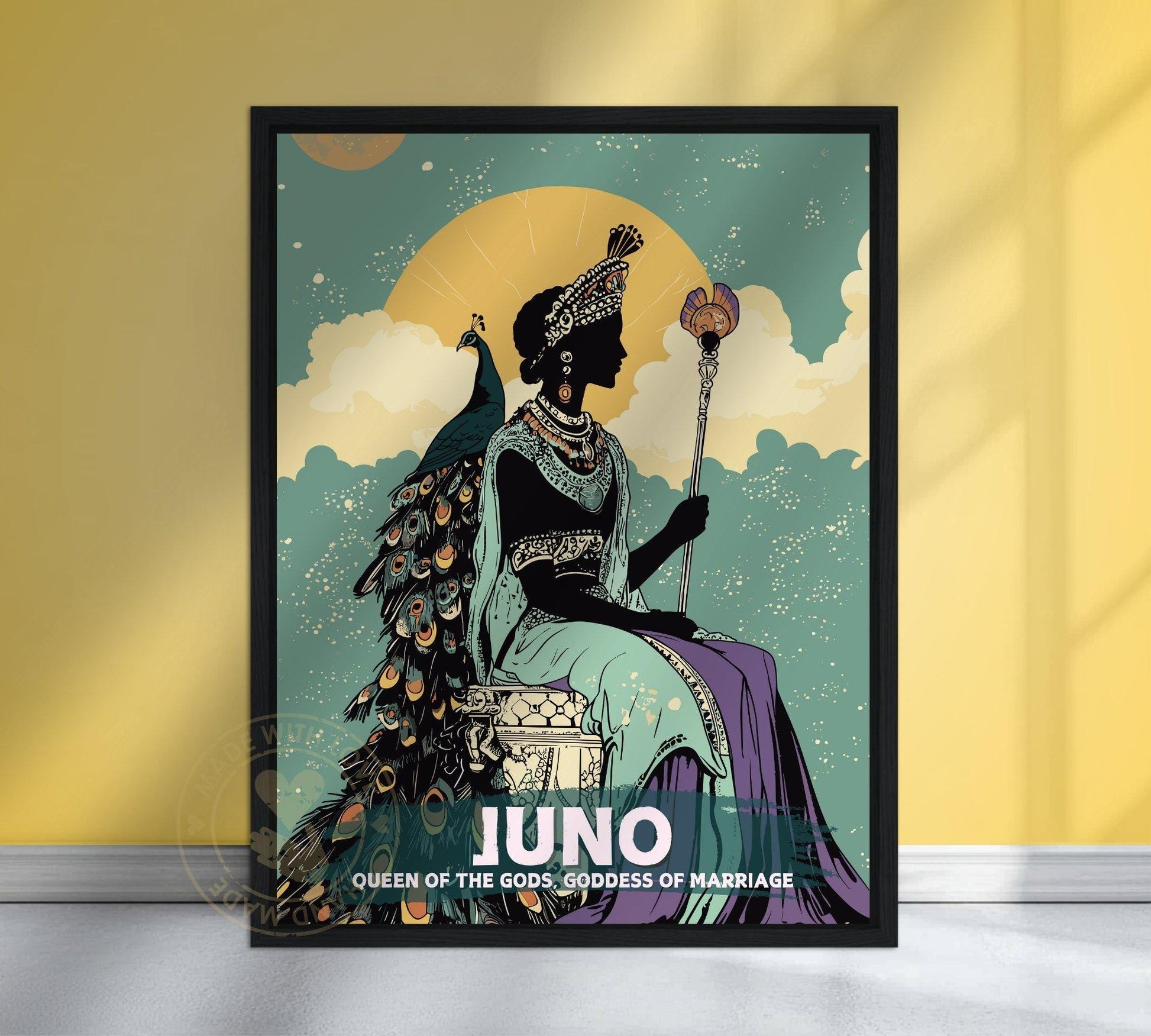 Juno Goddess Painting - Juno Roman Mythology Artwork on a yellow background