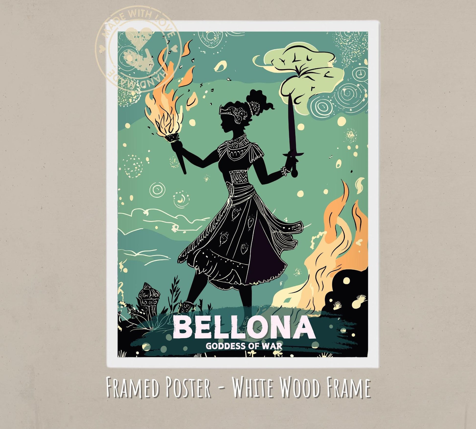 Bellona Goddess Painting - white wood frame