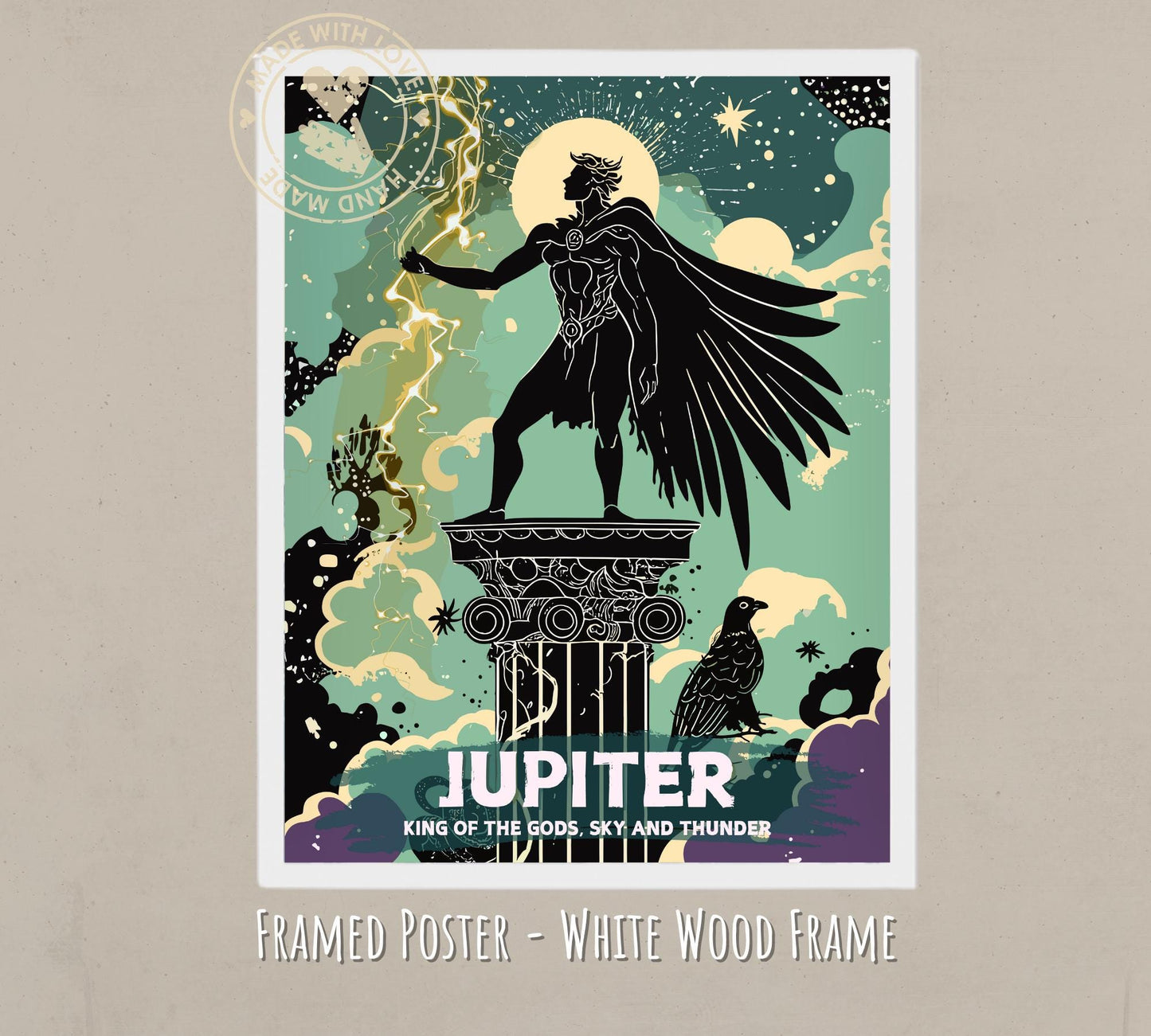 Jupiter God Painting - white wood frame