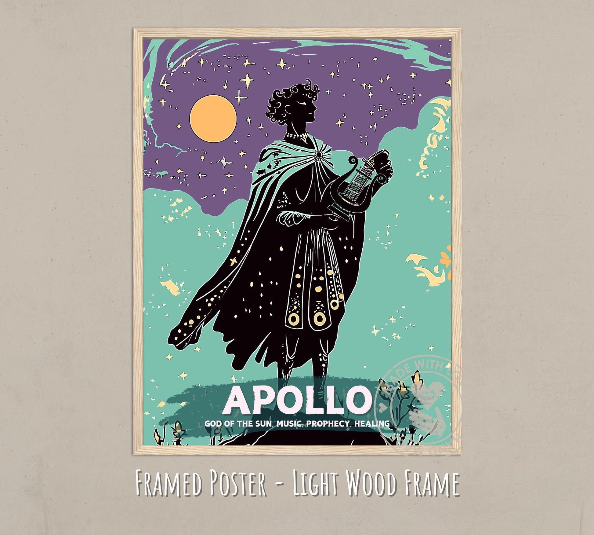 Apollo God Painting - light wood frame