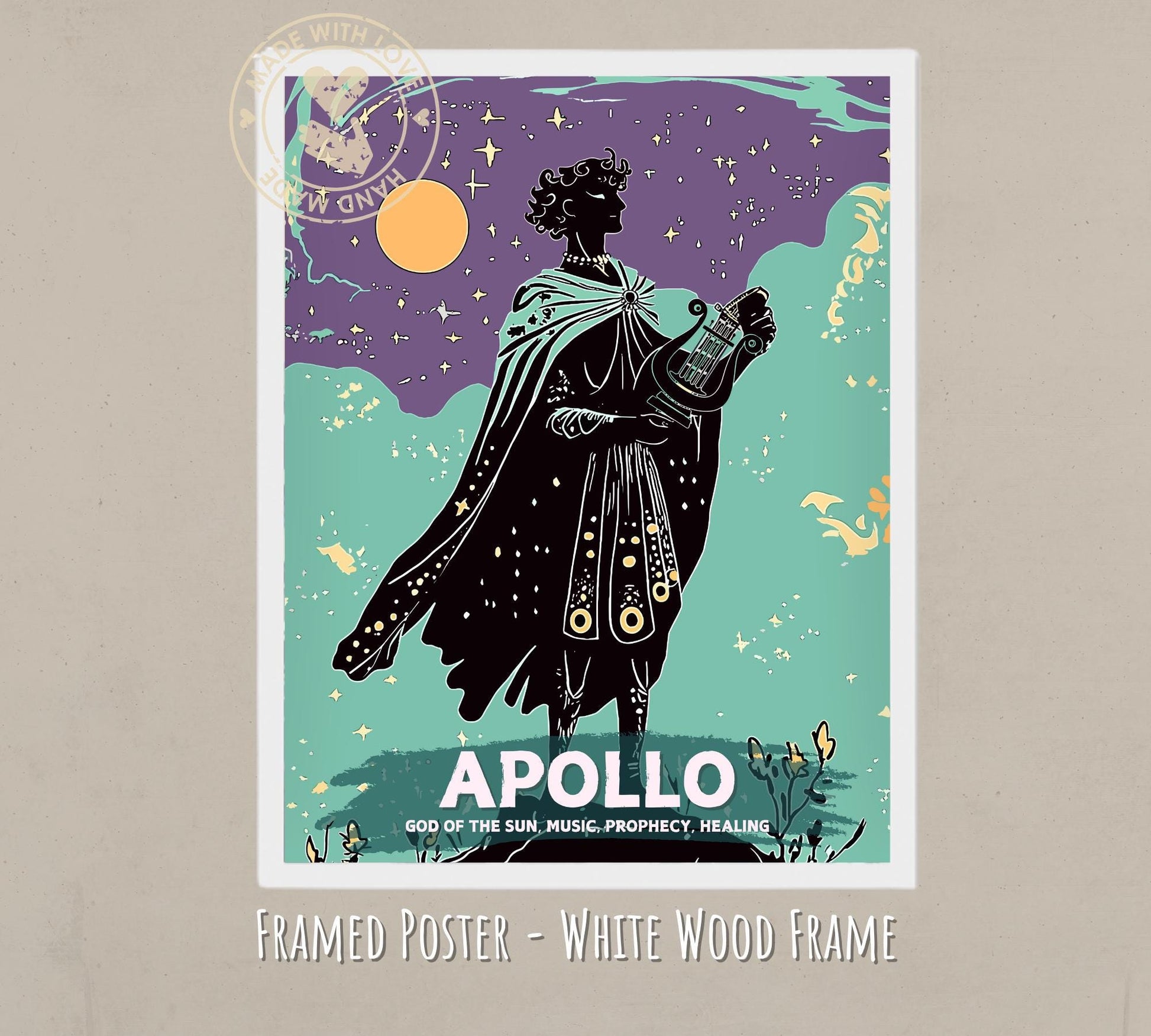 Apollo God Painting - white wood frame