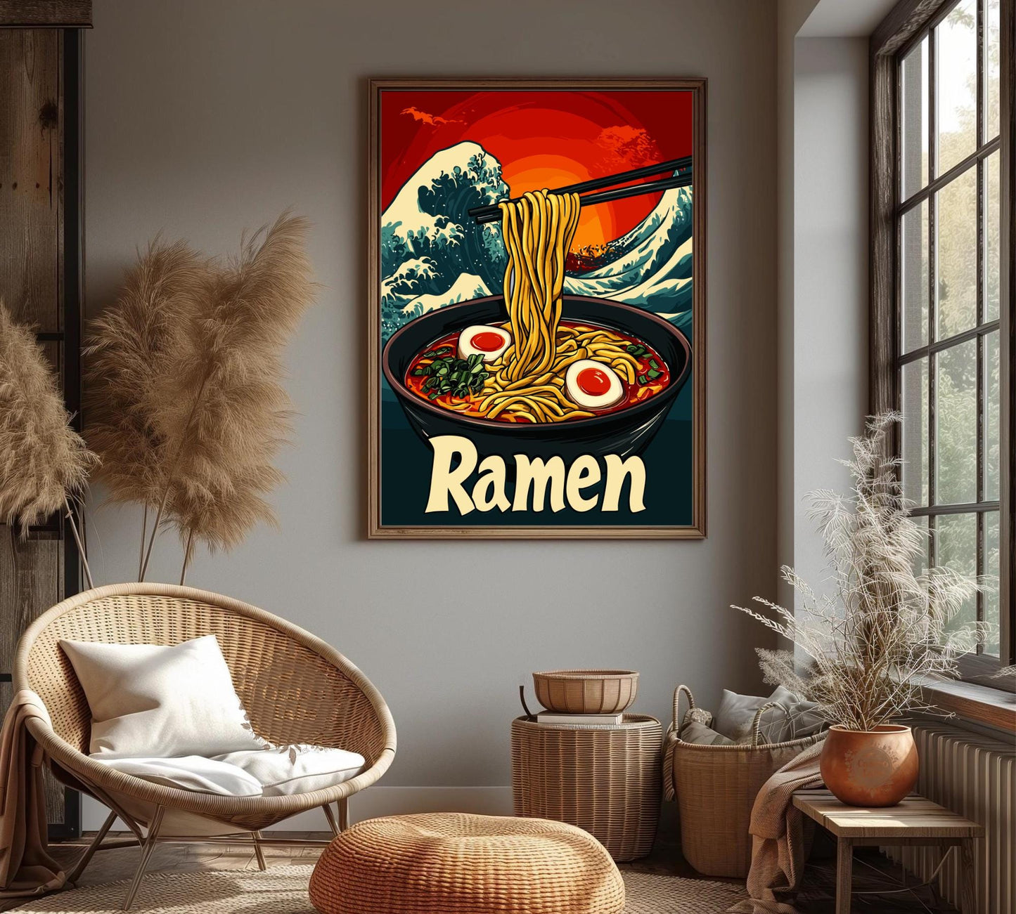 Ramen Bowl with Great Wave Poster – Japanese Food Art Print, Hokusai-Inspired Kitchen Decor, Ukiyo-e Wave Background, Noodle Lover Gift