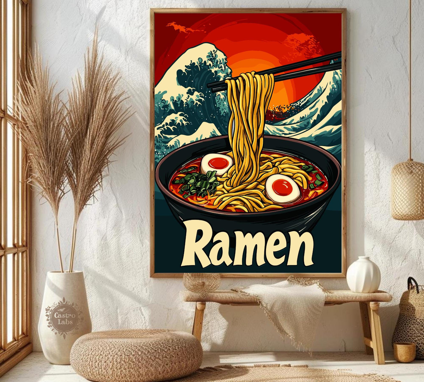 Ramen Bowl with Great Wave Poster – Japanese Food Art Print, Hokusai-Inspired Kitchen Decor, Ukiyo-e Wave Background, Noodle Lover Gift