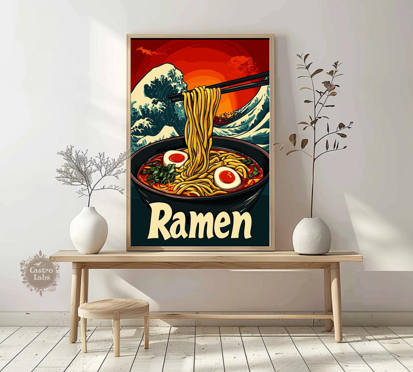 Ramen Bowl with Great Wave Poster – Japanese Food Art Print, Hokusai-Inspired Kitchen Decor, Ukiyo-e Wave Background, Noodle Lover Gift
