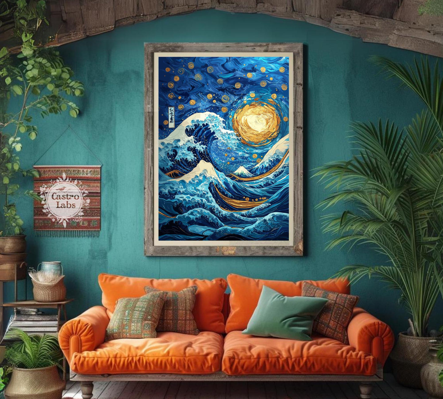 Great Wave Meets Starry Night Art – Hokusai & Van Gogh Fusion Art Print, Japanese Ukiyo-e and Starry Sky Wall Art, Iconic Masterpiece Mashup