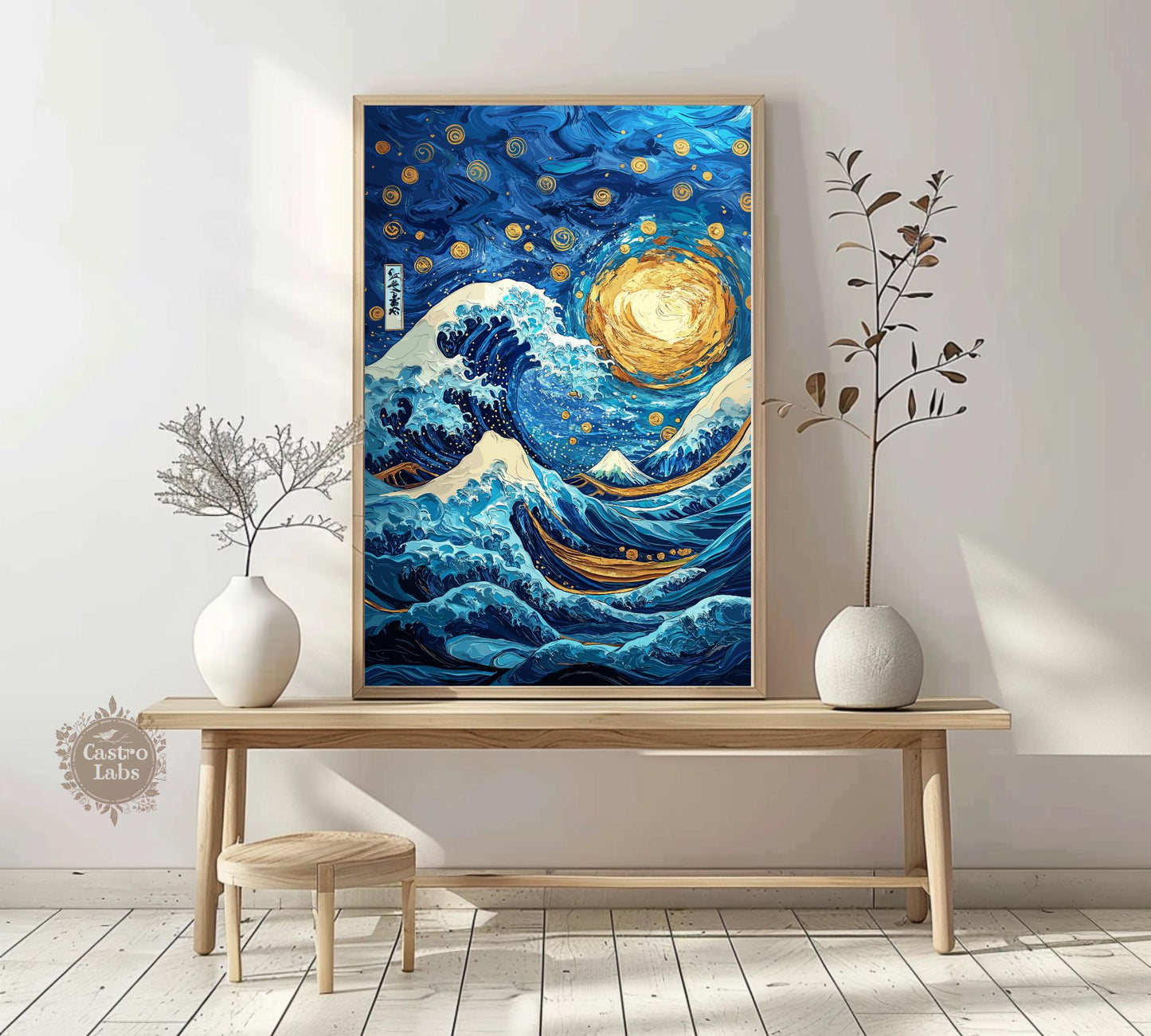 Great Wave Meets Starry Night Art – Hokusai & Van Gogh Fusion Art Print, Japanese Ukiyo-e and Starry Sky Wall Art, Iconic Masterpiece Mashup