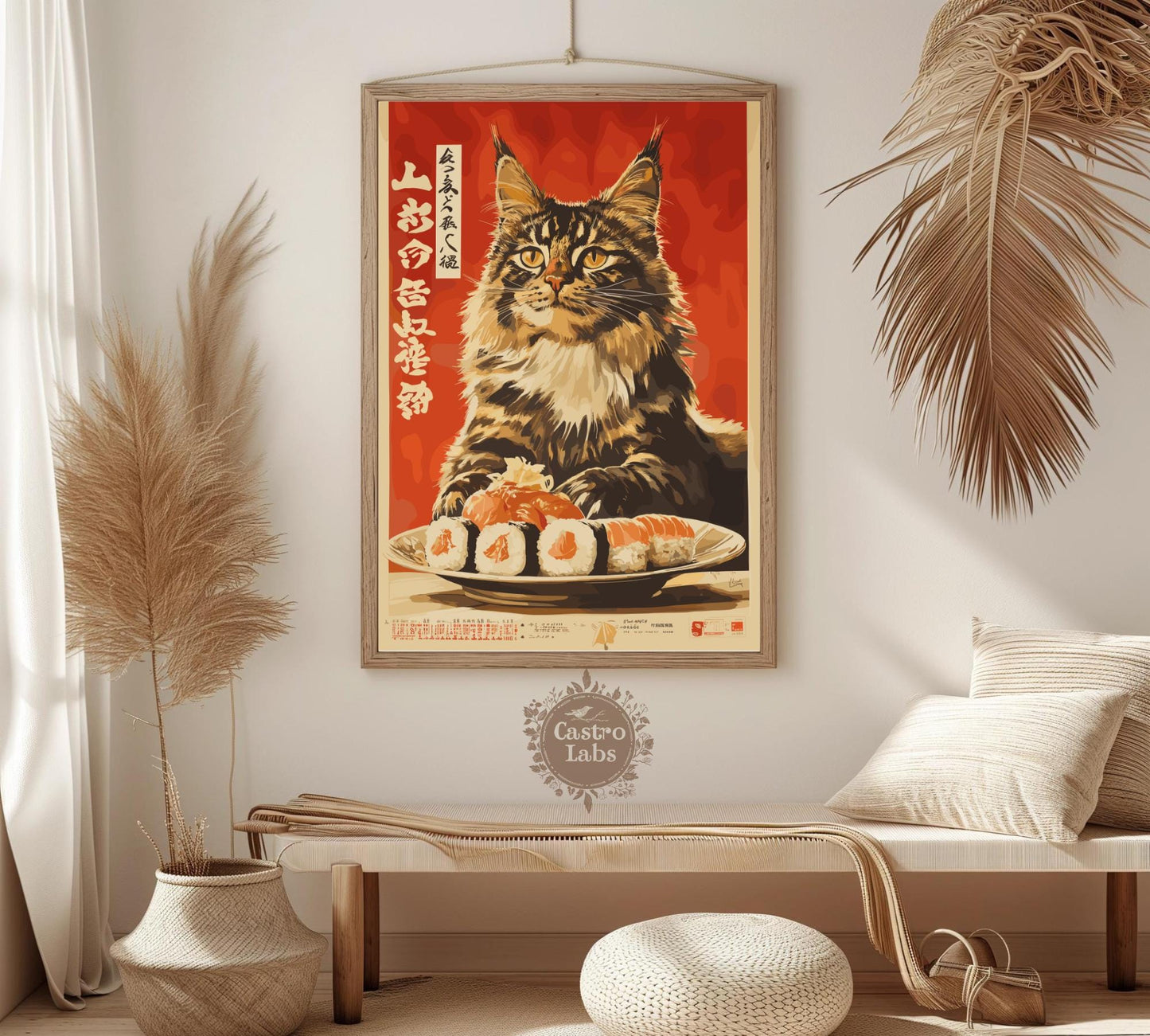 Hungry Cat Sushi Print, Japanese Style Cat Poster, Funny Wall Art for Kitchen or Cafe, Maine Coon Cat Food Art, Whimsical Cat Lover Gift