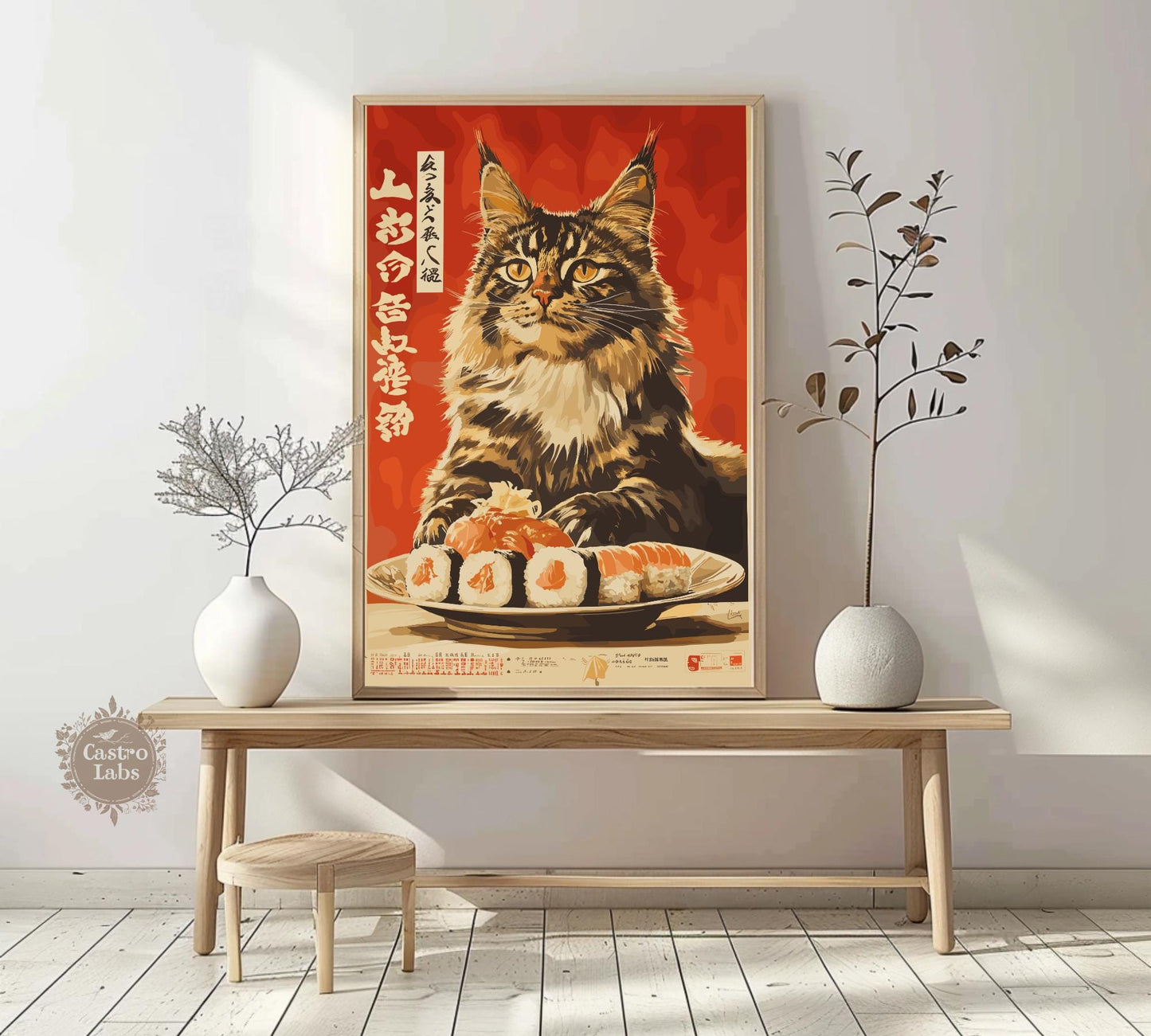 Hungry Cat Sushi Print, Japanese Style Cat Poster, Funny Wall Art for Kitchen or Cafe, Maine Coon Cat Food Art, Whimsical Cat Lover Gift