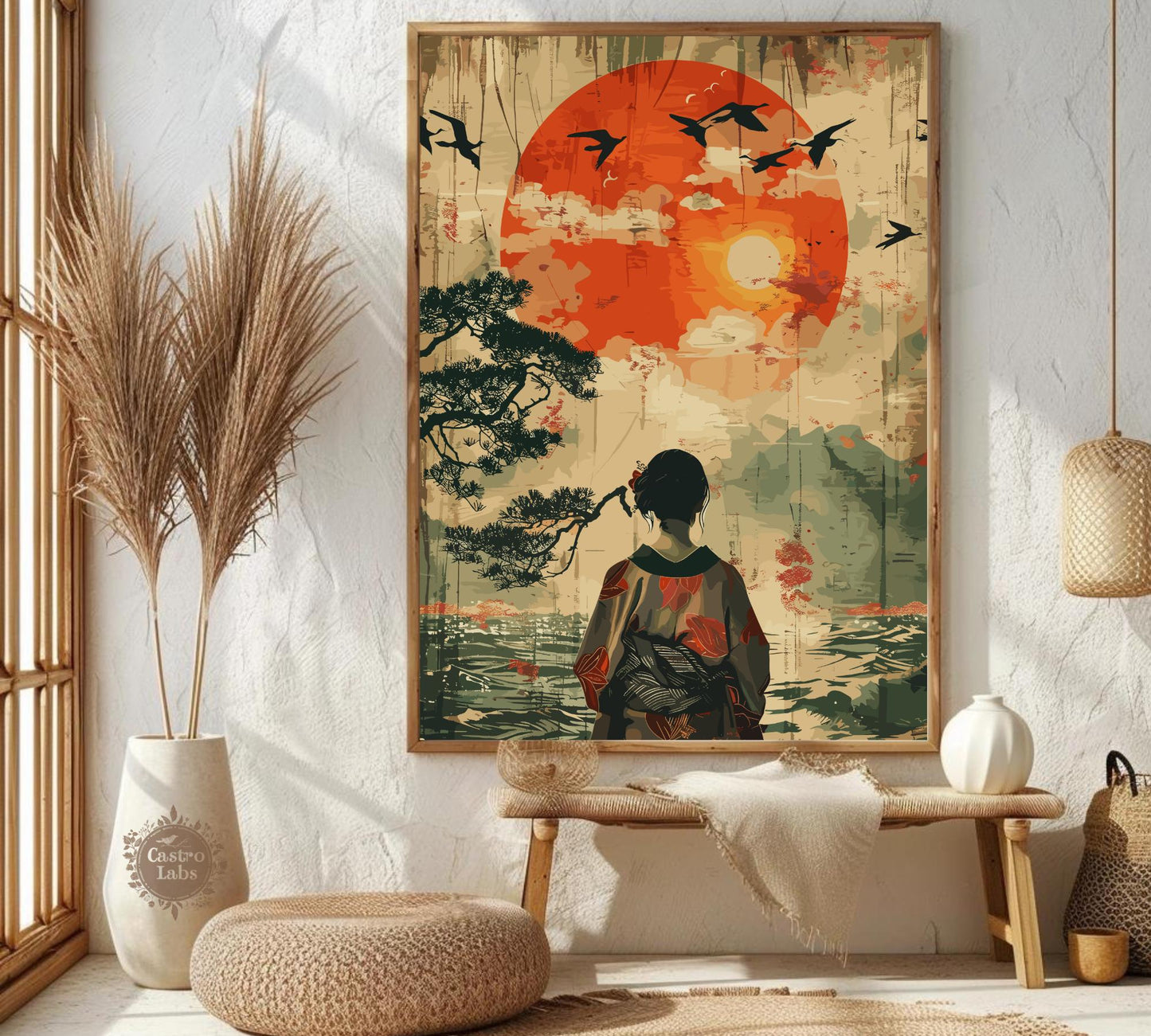 Japanese Woman Gazing at Mount Fuji Poster – Traditional Japan Wall Art, Elegant Geisha Print, Serene Landscape Artwork, Fuji Mountain Decor