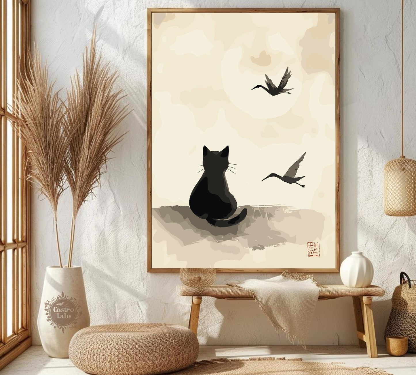 Japanese Ink Cat Poster – Traditional Style Feline Wall Art, Oriental Animal Print, Mythical Cat Illustration, Asian Decor for Cat Lovers